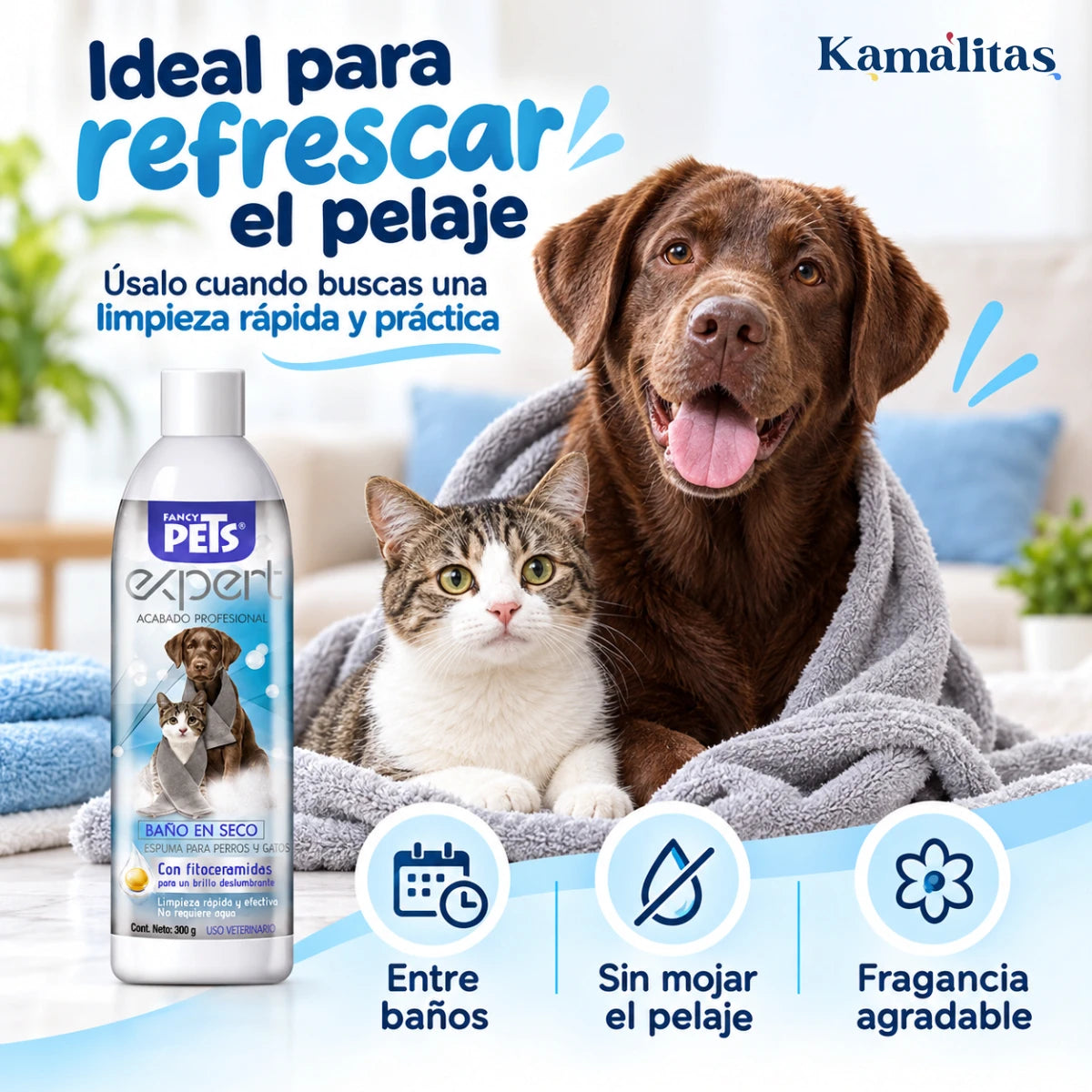 Espuma para baño en seco Fancy Pets para refrescar el pelaje de perros y gatos entre baños, con limpieza rápida y fragancia agradable.