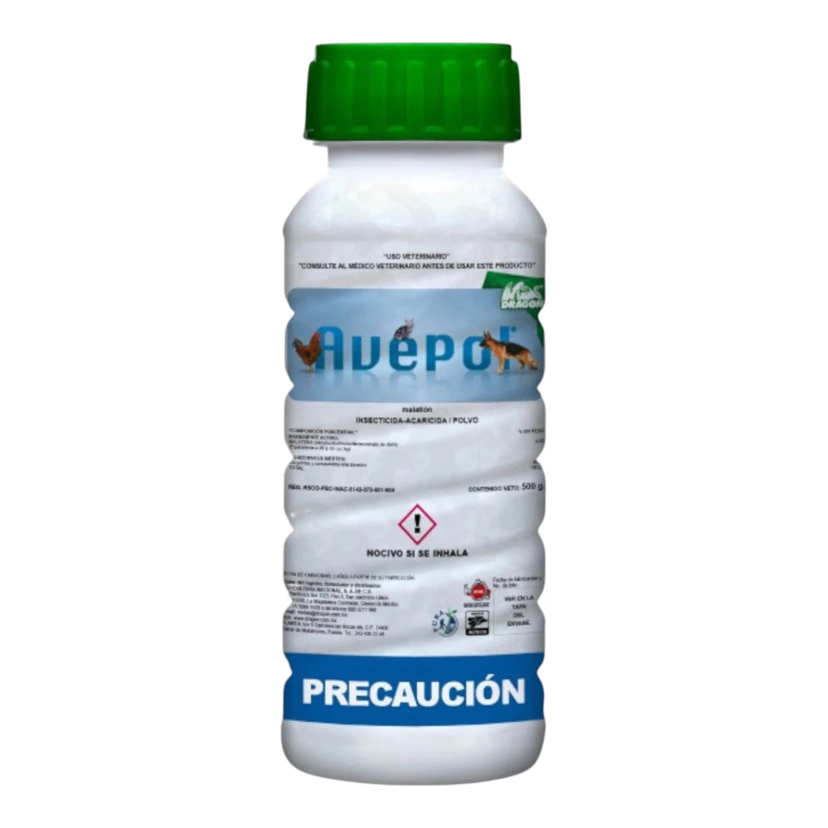 Envase de Avepol 500 g, insecticida en polvo para eliminar pulgas, piojos, ácaros y corucos en perros y aves.