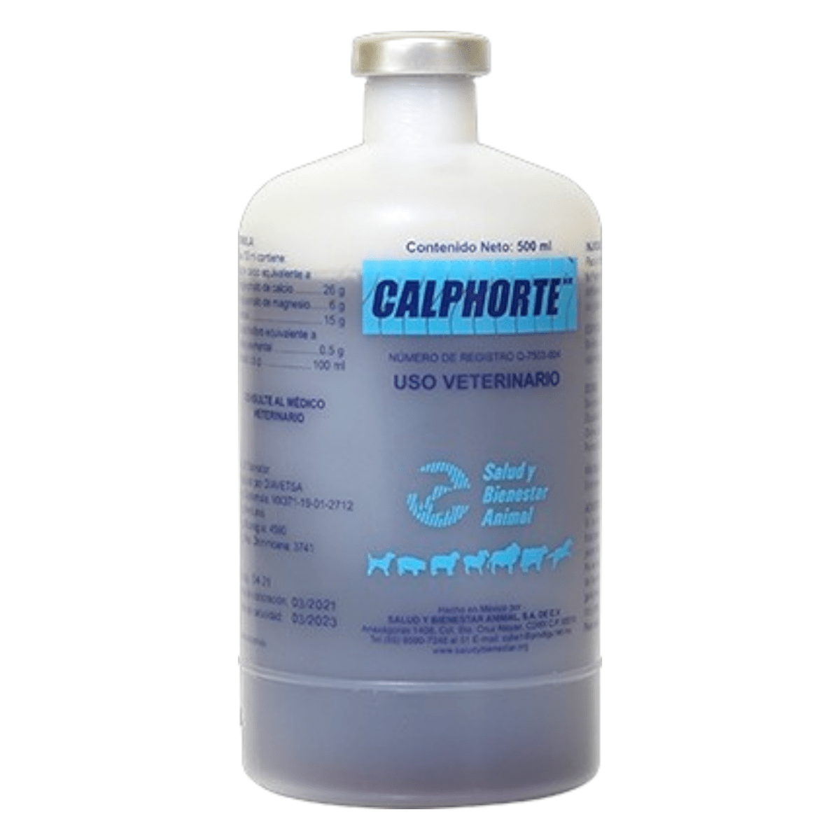 Frasco de Calphorte, suplemento veterinario inyectable con calcio, fósforo, magnesio y dextrosa para animales de granja y mascotas