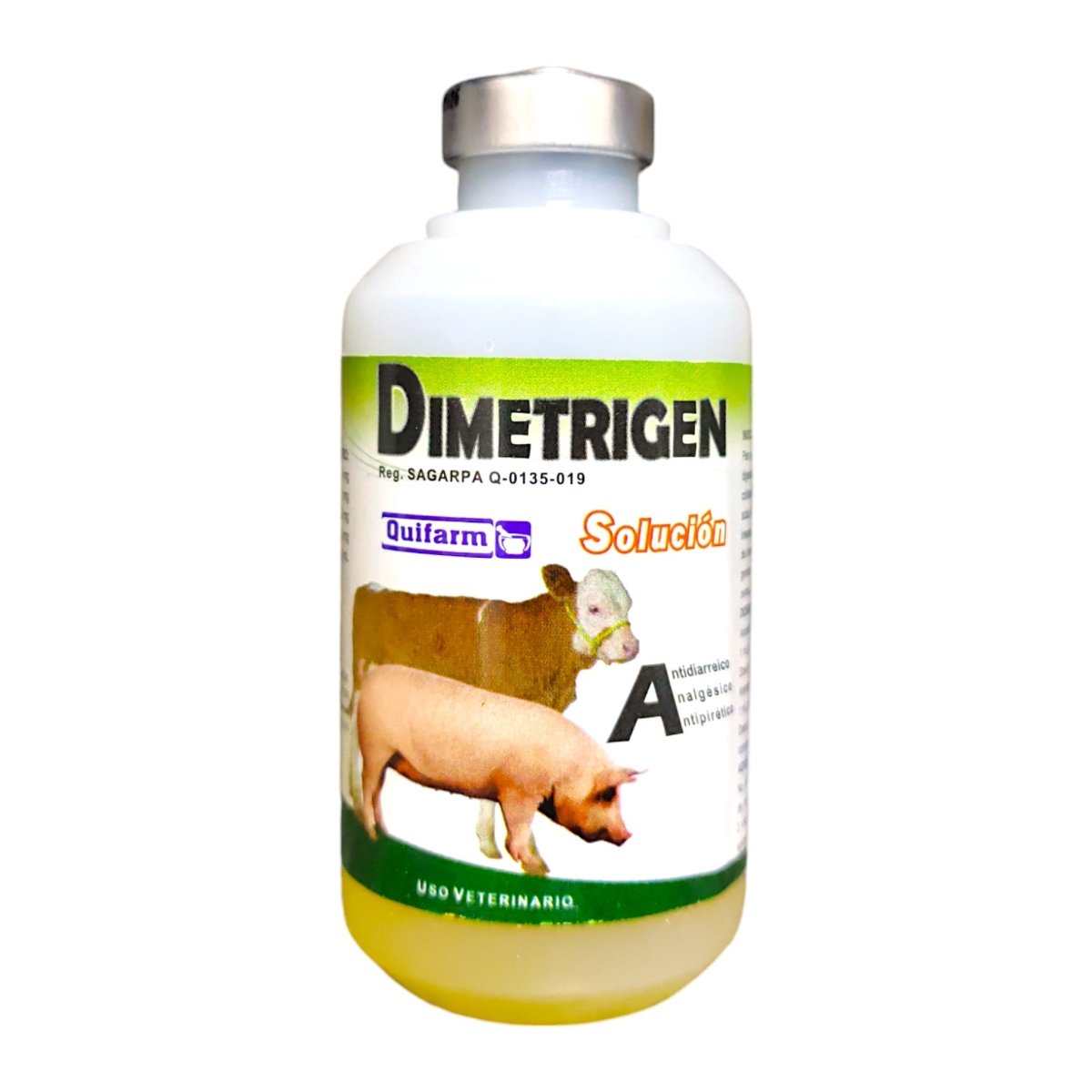 Dimetrigen inyectable para tratar diarreas, fiebre e infecciones digestivas en ganado cerdos, borregos y cabras.