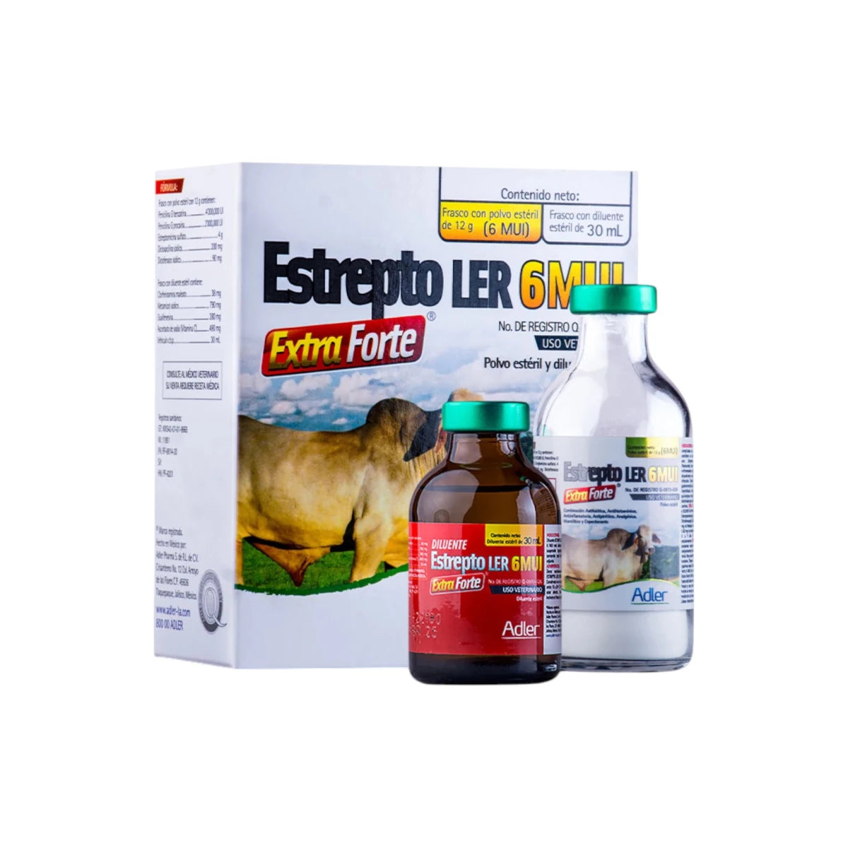 Frasco de Estrepto LER extra forte 6MUI 30ml, solución inyectable para infecciones respiratorias, digestivas y musculares en animales