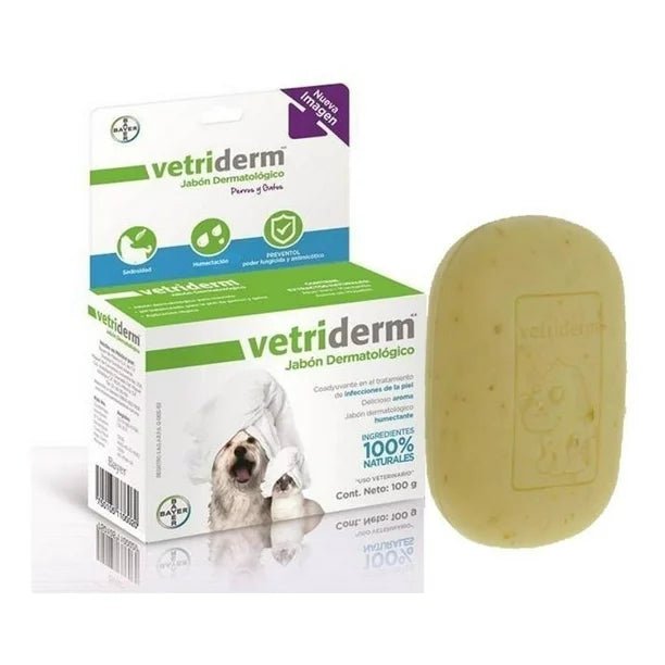 Jabón Antiseborreico y Queratolítico Vetriderm con su caja, ideal para tratar dermatitis, eccemas y piel sensible en perros y gatos. Contiene avena, aloe vera, preventol y alantoína.