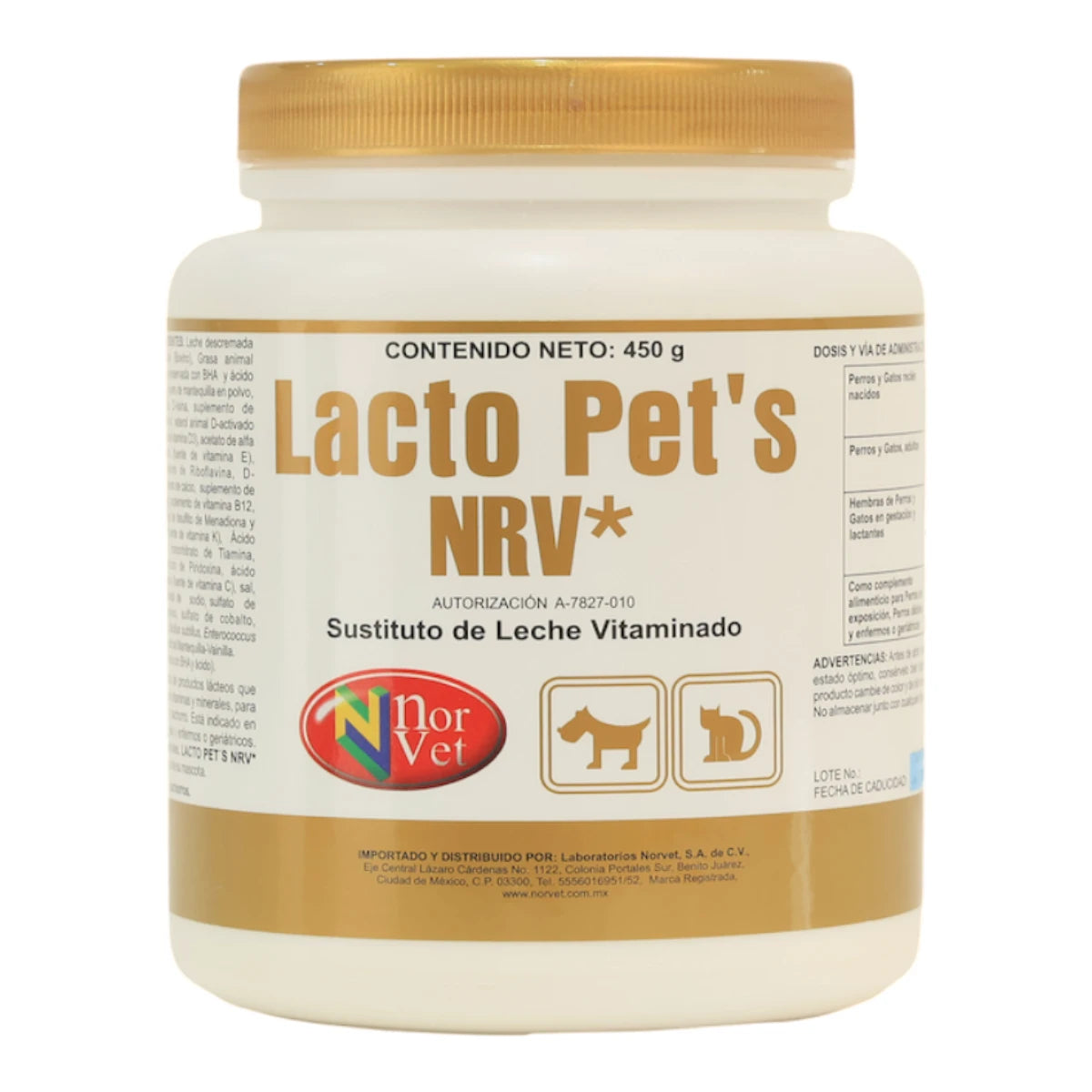 Envase original de Lacto Pet’s de Norvet 450g, leche en polvo con probióticos y vitaminas para nutrición de caninos y felinos.