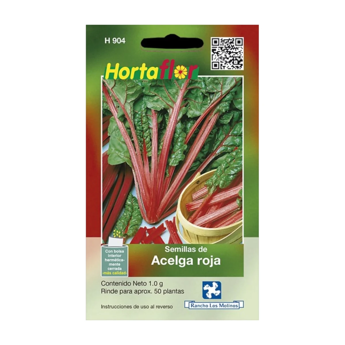Sobre de semillas de acelga roja, ideal para cultivar hojas comestibles coloridas y nutritivas en casa o jardín.