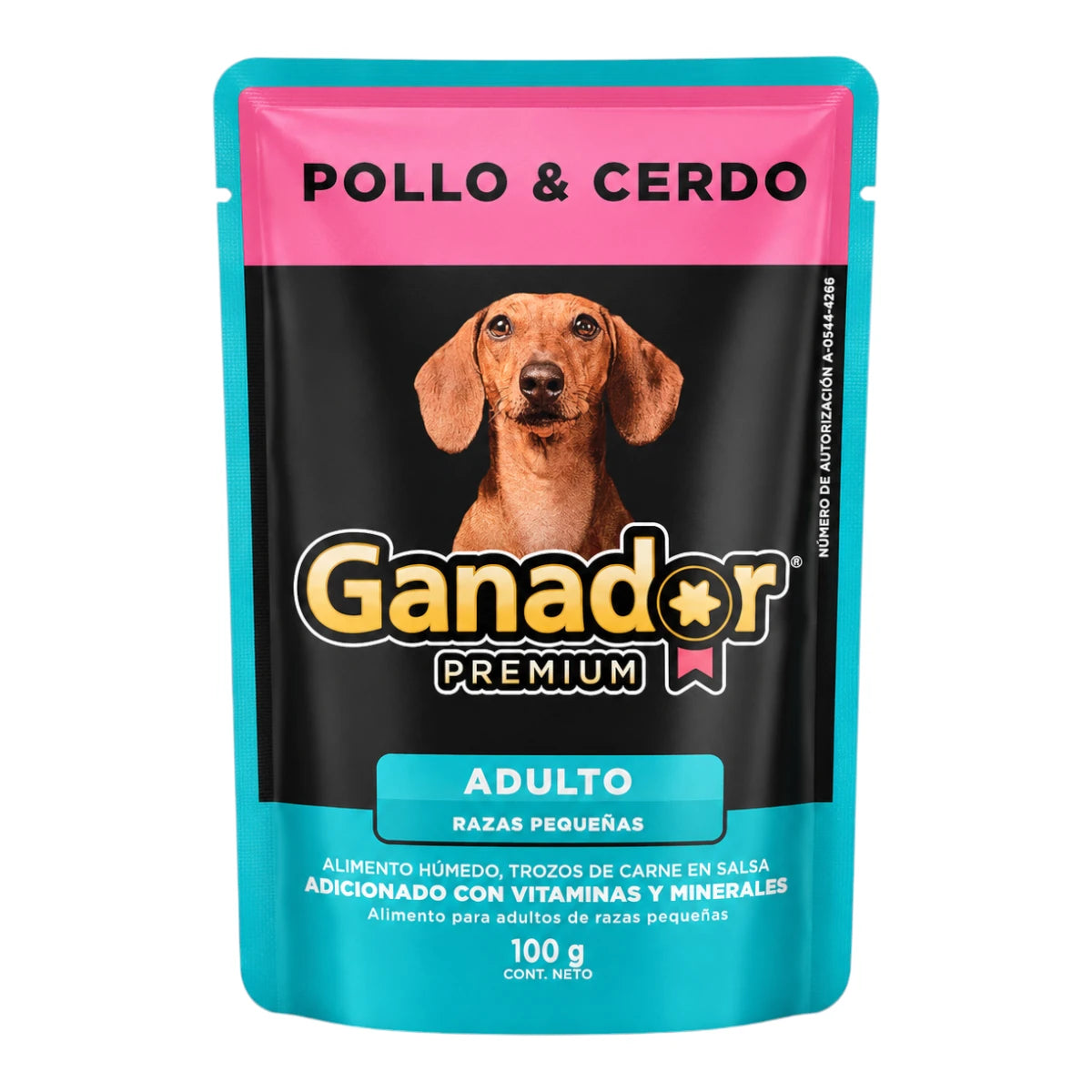 Sobre de alimento húmedo Ganador Premium sabor pollo y cerdo de 100 gramos para perros adultos de razas pequeñas.