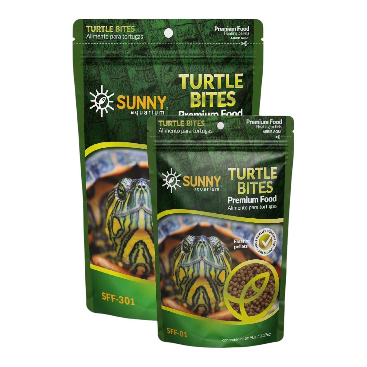 Fotografía de las dos presentaciones de alimento para tortugas Sunny Turtle Bites en envases de 90 y 300 gramos, mostrando el empaque original con información nutricional en Kamalitas.