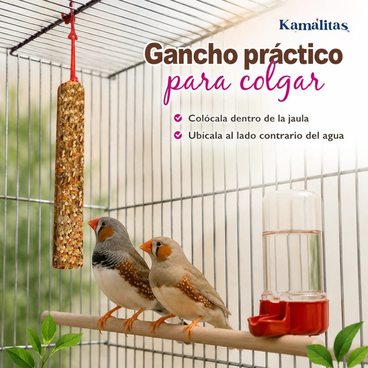 Barrita RedKite con práctico gancho para colgar dentro de la jaula, colocada al lado contrario del agua para aves canoras y de ornato.
