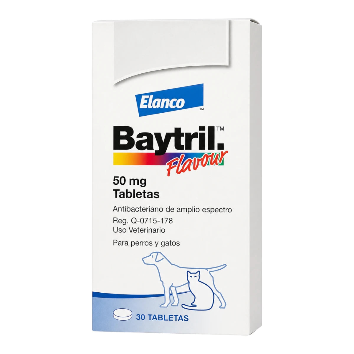 Caja de Elanco en presentación de 50 mg con 30 tabletas, ideal para el tratamiento de enfermedades bacterianas y micoplasmas en perros y gatos.