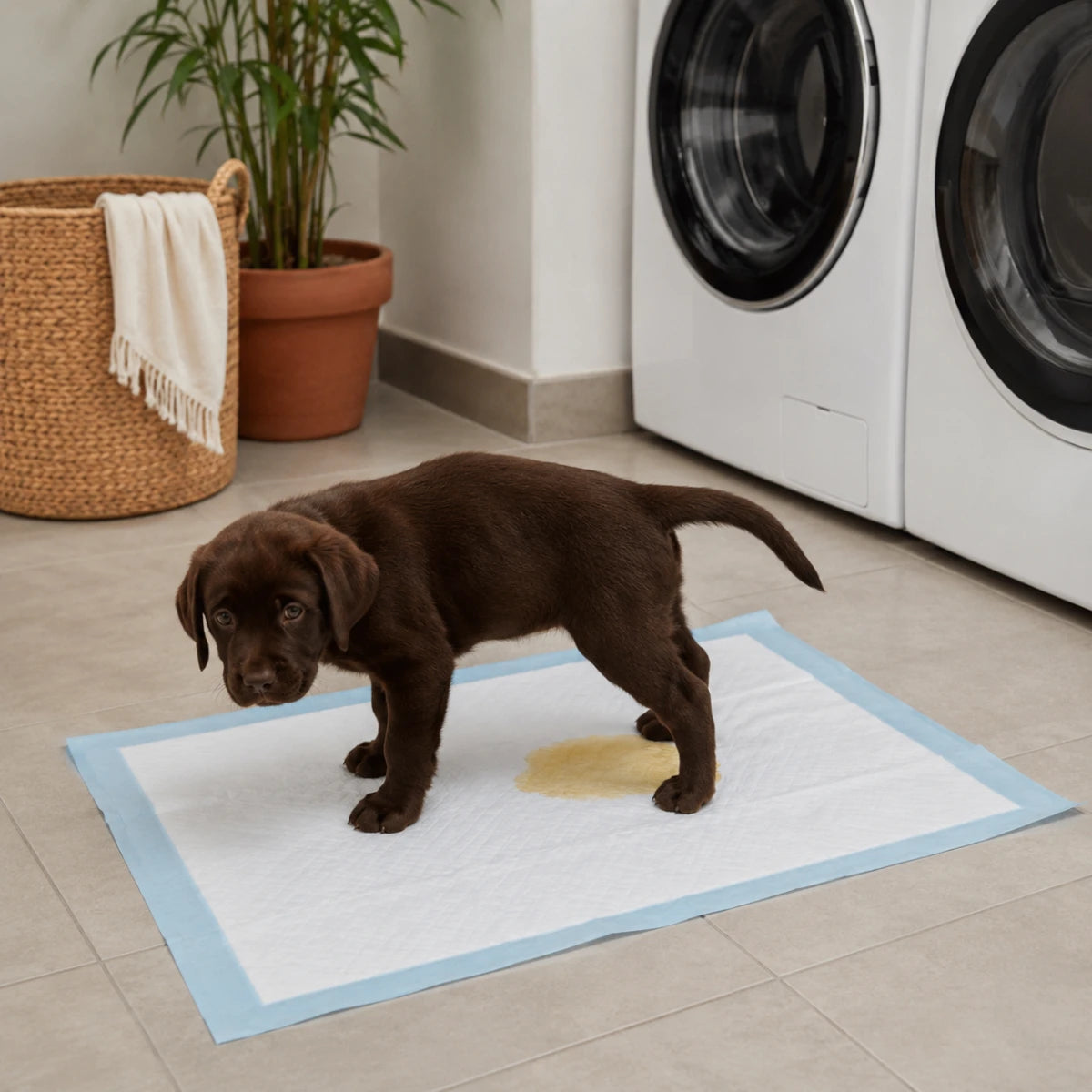Cachorro Labrador color chocolate de pie sobre un tapete entrenador SoftPad en un cuarto de lavado, mostrando la rápida absorción del líquido, en Kamalitas.