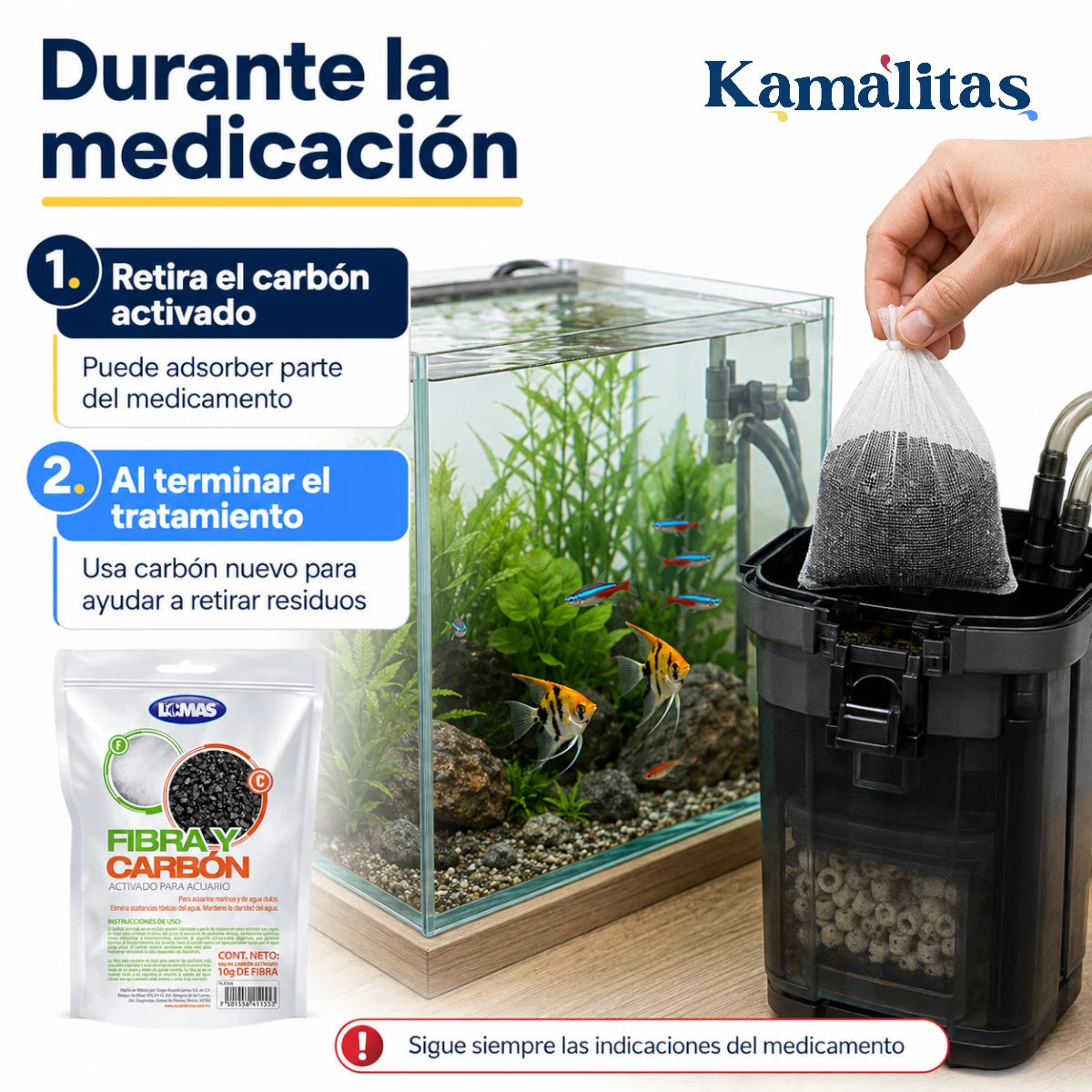 Recomendación para retirar el carbón activado durante la medicación del acuario y utilizar carbón nuevo al terminar el tratamiento.