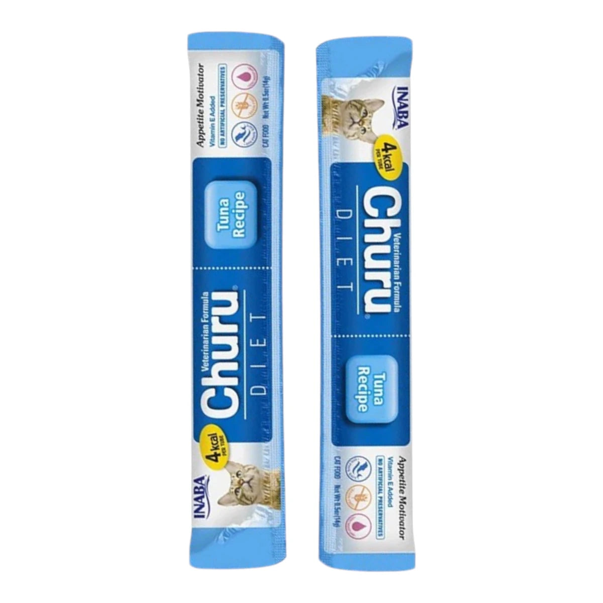 Tubo individual de Churu Diet sabor atún de 14g, snack cremoso de grado humano y fórmula veterinaria para gatos con bajo apetito.