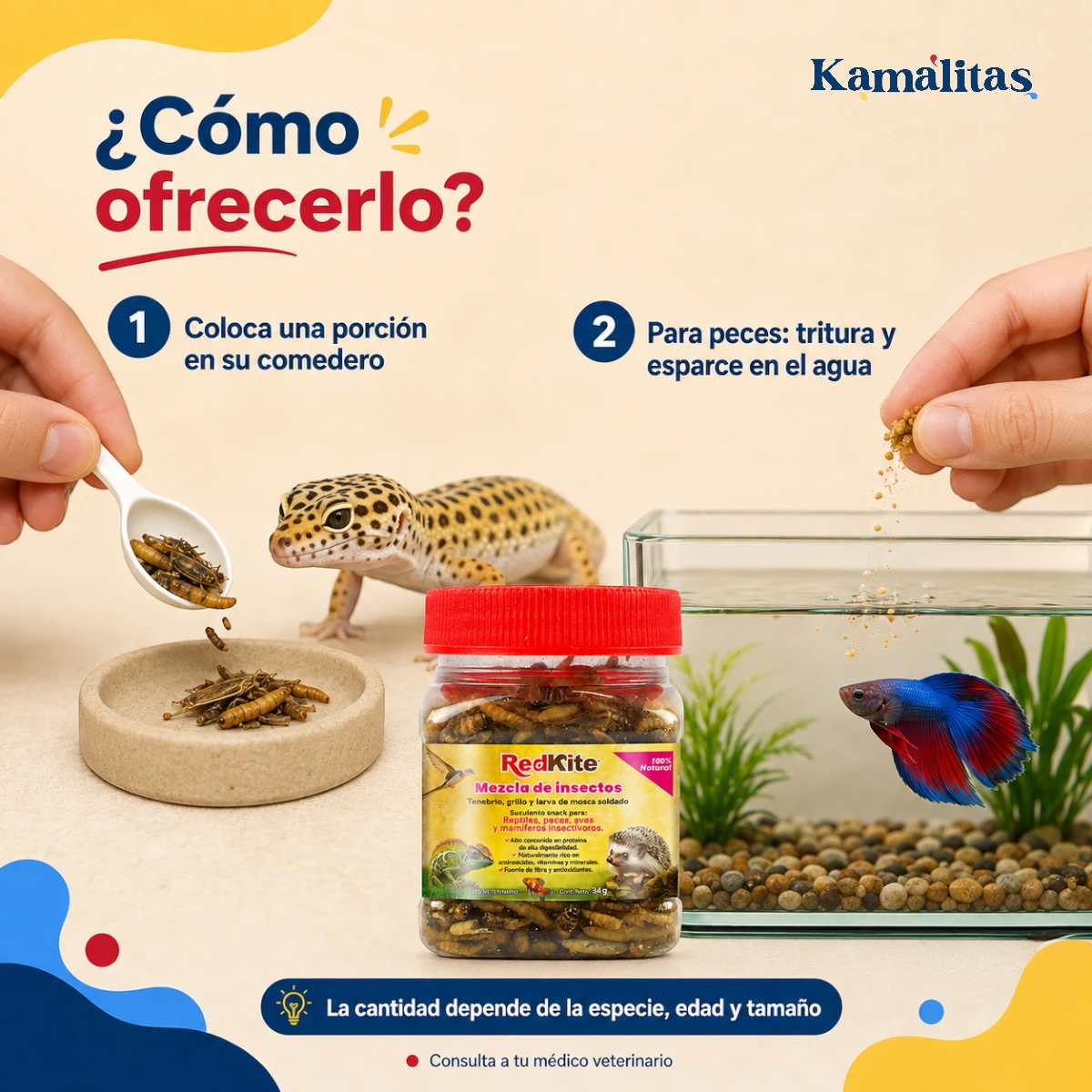 Cómo ofrecer RedKite Mezcla de Insectos en el comedero o triturada sobre el agua para peces