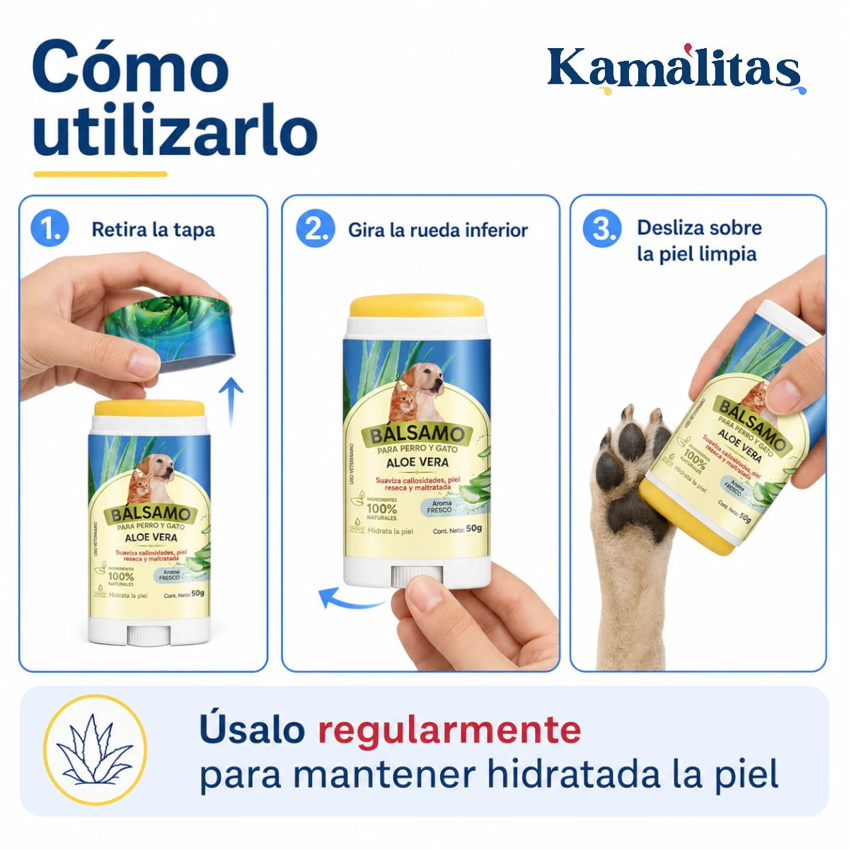 Instrucciones para destapar, girar la base y aplicar el bálsamo con aloe vera directamente sobre la piel de la mascota.
