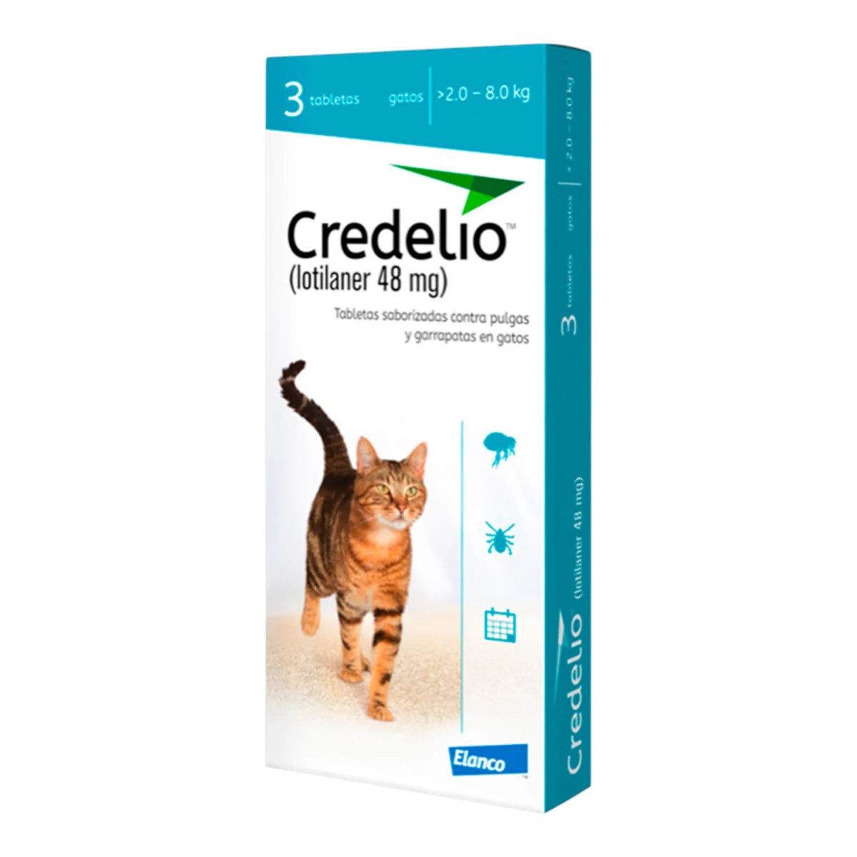 Caja de Credelio 48 mg para gatos de 2 a 8 kg mostrando la presentación de 3 tabletas masticables contra pulgas y garrapatas.