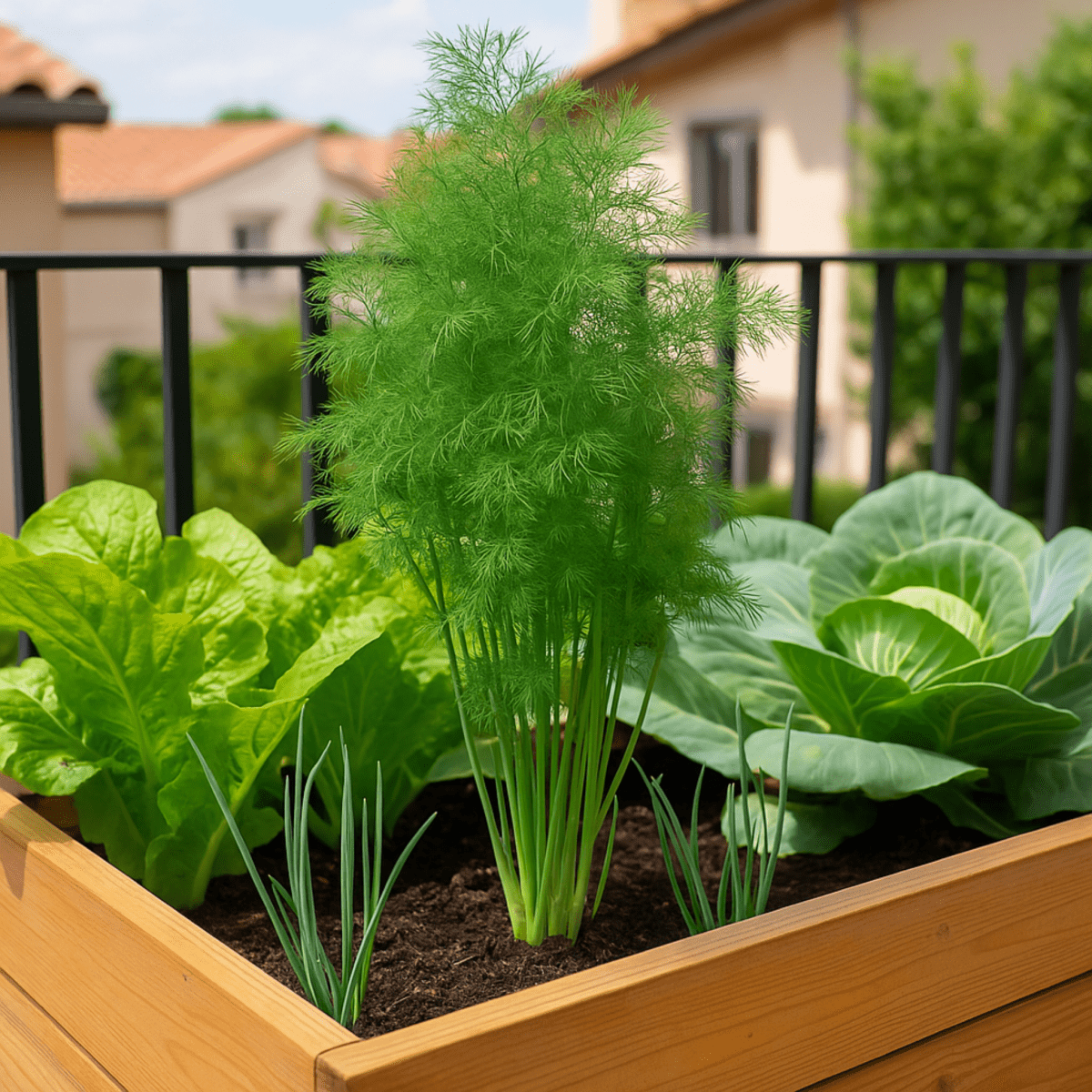 Caja de cultivo en una terraza con plantas de eneldo, lechuga, cebolla y repollo creciendo bajo luz natural, ideal para huertos caseros en casa.