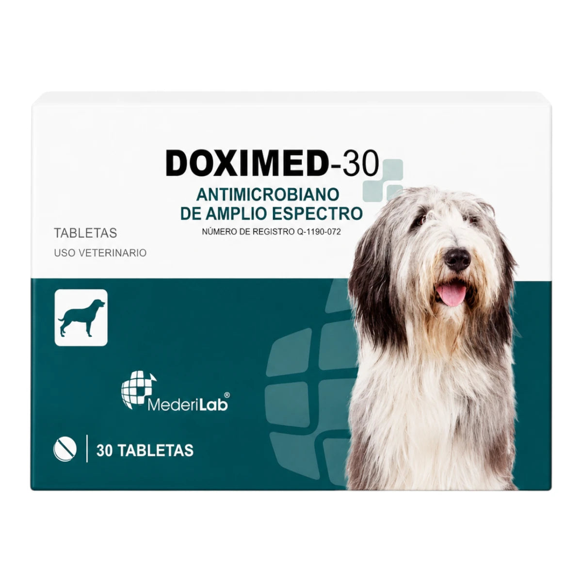 Caja de Doximed-30 de Laboratorio MederiLab, antibiótico oral en tabletas con Doxiciclina de 300 mg para el tratamiento de infecciones en perros.
