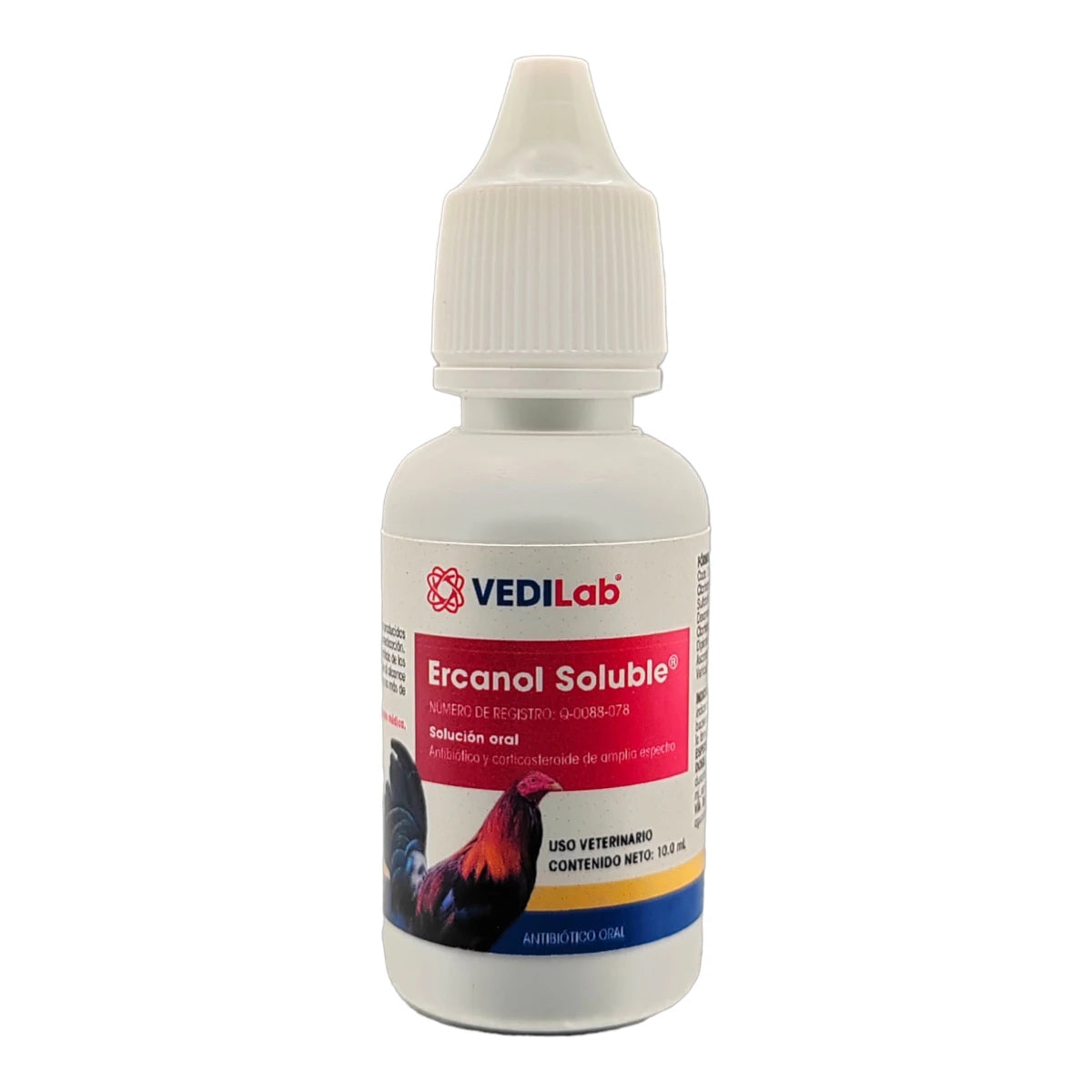 Frasco de 10 mL de Ercanol Soluble para aves, antibiótico y antiinflamatorio oral que combate infecciones respiratorias, digestivas y urinarias.