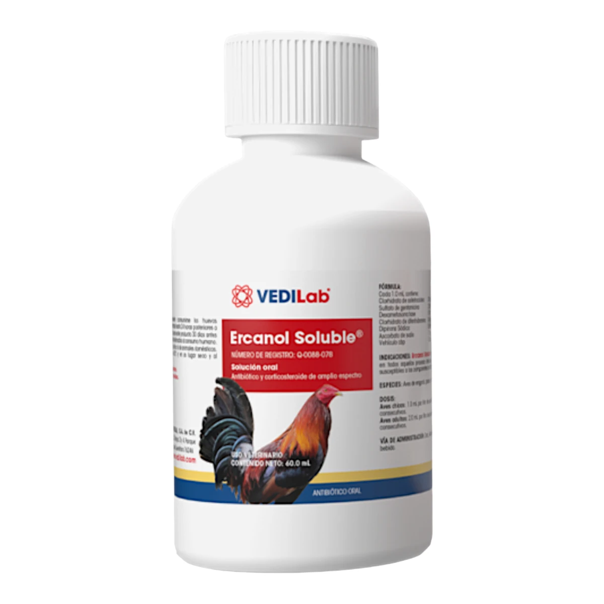 rasco de 60 mL de Ercanol Soluble, solución oral para pollos, gallinas y gallos, con antibióticos y vitamina C para fortalecer las defensas.