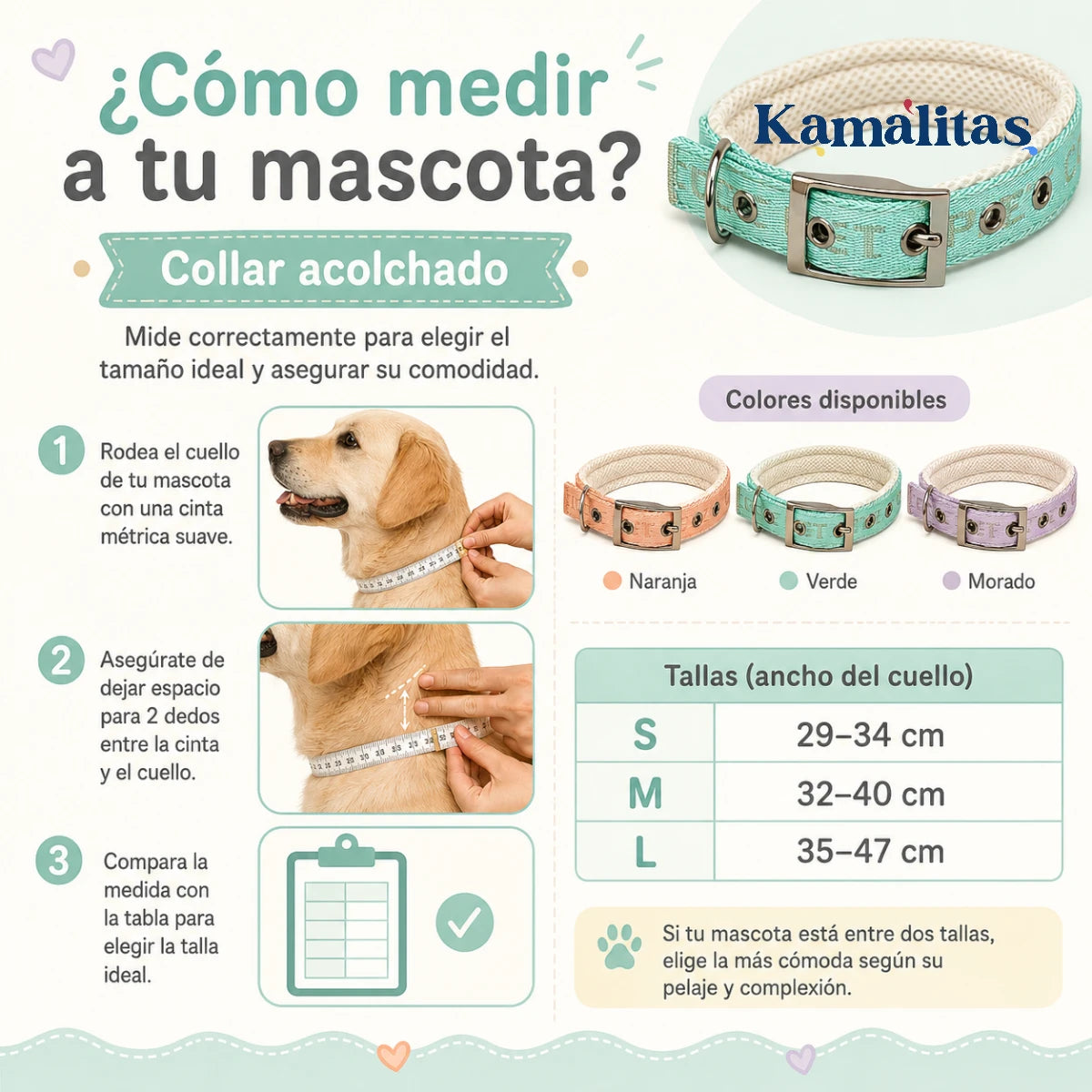 Guía de tallas de collar acolchado para perros y gatos, con instrucciones para medir el cuello y elegir la talla correcta S, M o L.