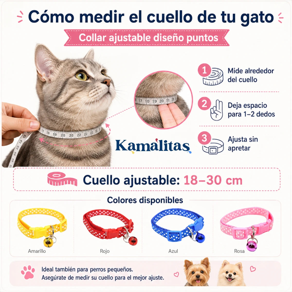 Guía para medir el cuello de tu gato y elegir collar ajustable con diseño de puntos, medida de cuello de 18 a 30 cm, ideal también para perros pequeños, disponible en Kamalitas.