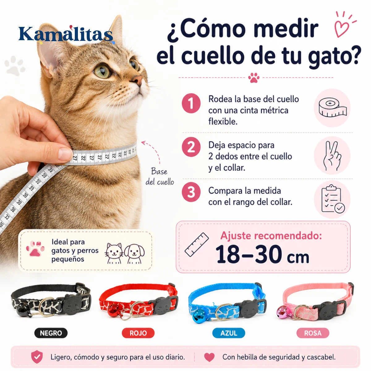 Guía para medir el cuello de tu gato y elegir collar animal print ajustable de 18 a 30 cm, ideal para gatos y perros pequeños, disponible en Kamalitas.