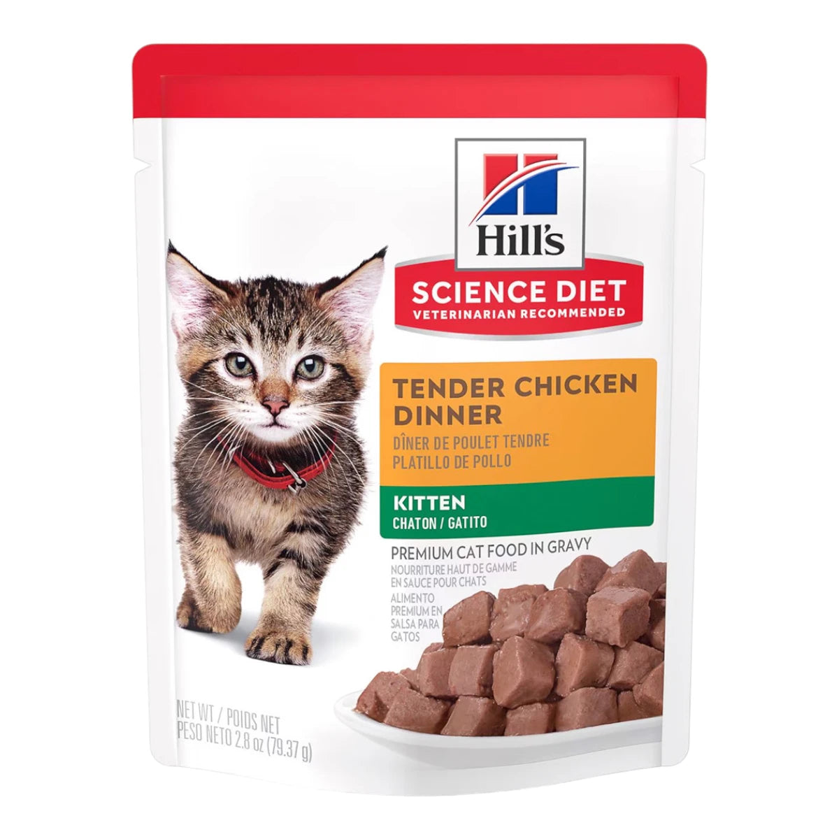 Pouch de 79g de Hill's Alimento Húmedo para Gatitos Platillo de Pollo, ideal para el crecimiento sano, músculos en desarrollo y defensas fuertes de cachorros.