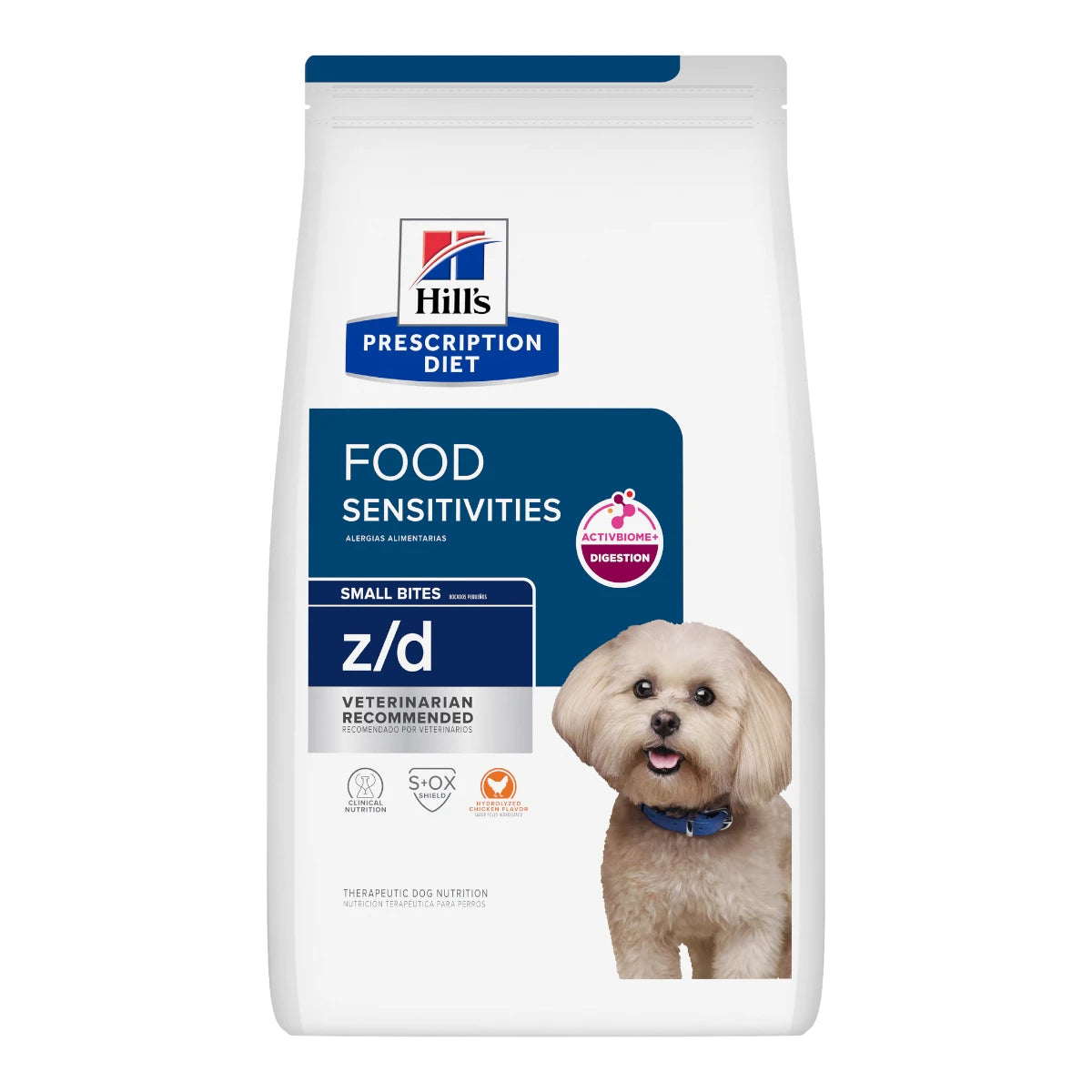 Empaque de Hill's Prescription Diet z/d Alimento Seco, ideal para perro adulto que busca alivio alérgico, piel sana y control de sensibilidades alimentarias.