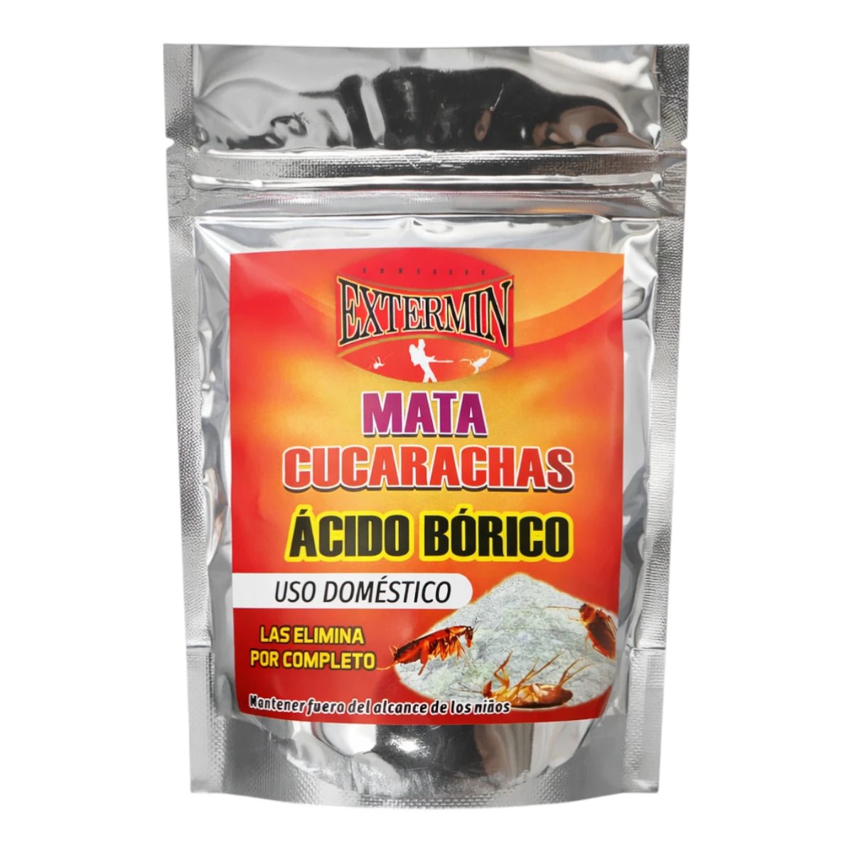 Bolsa de insecticida en polvo Extermin de 100 gramos para el control de cucarachas y hormigas en el hogar.