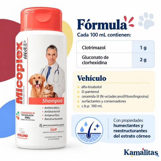 Micoplex Max Shampoo Holland indicado para perros y gatos con acción antimicótica, antibacterial, antiprurítica y reestructurante