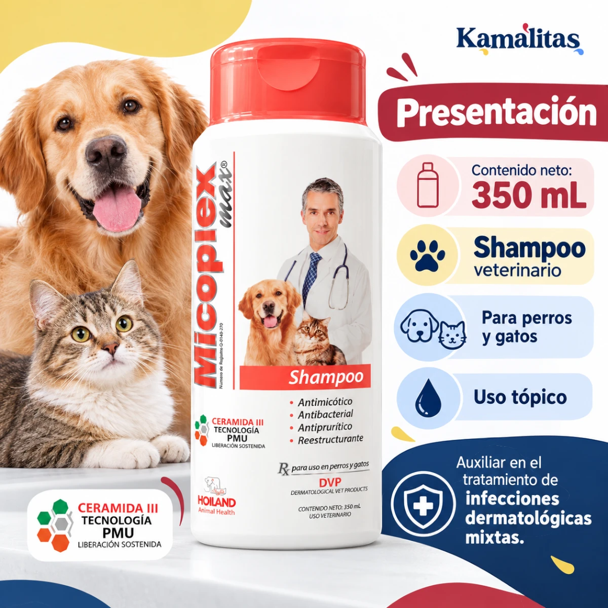 Presentación de Micoplex Max Shampoo Holland 350 mL para perros y gatos