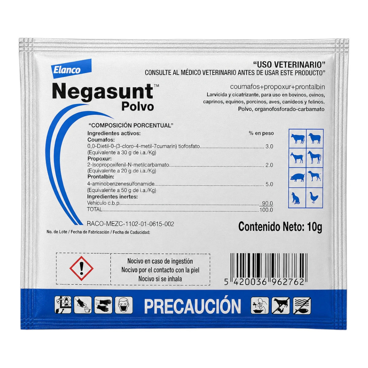 Sobre de Elanco en presentación de 10g, ideal para el tratamiento de miasis cutáneas y cicatrización de heridas en diversas especies.