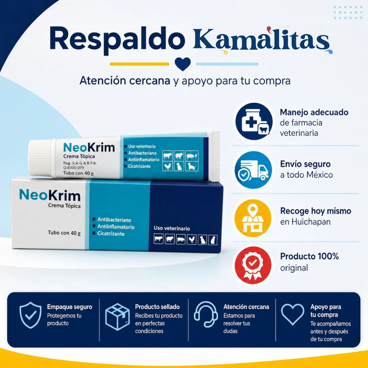 Imagen de respaldo Kamalitas para NeoKrim crema tópica veterinaria, con manejo adecuado de farmacia veterinaria, envío seguro a todo México, producto original y recolección en Huichapan.