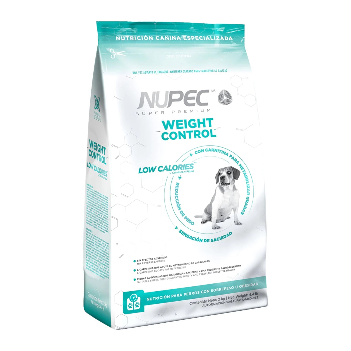 Saco de alimento especializado Nupec Control de Peso para perros de razas medianas y grandes, diseñado para reducir grasa y mantener músculos.