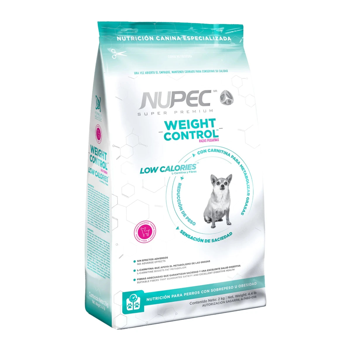 Saco de alimento especializado Nupec Control de Peso para perros de raza pequeña, enfocado en reducir calorías y mantener masa muscular.