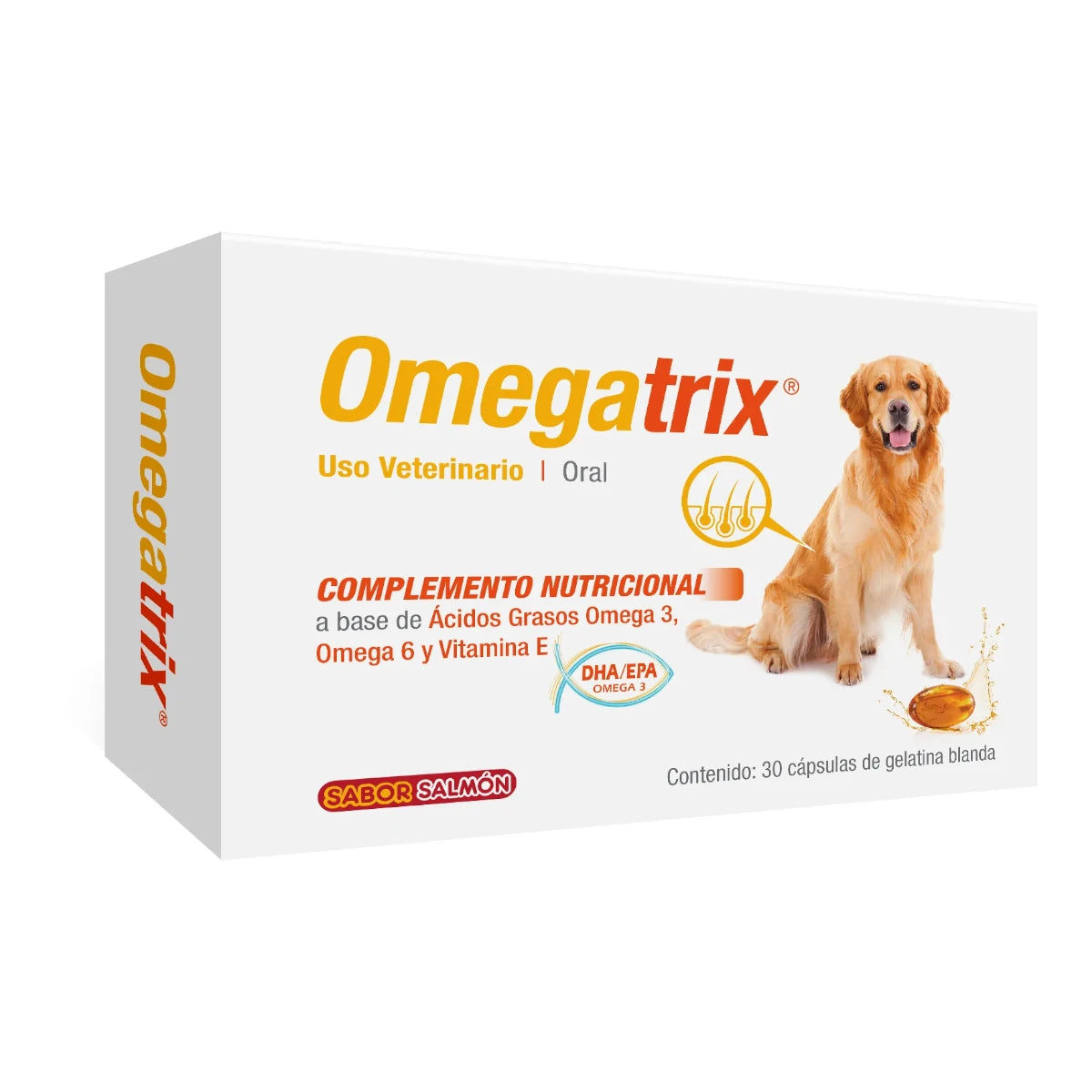 Caja de Omegatrix de PetGel con 30 cápsulas de gelatina blanda sabor salmón, mostrando la ilustración de un perro Golden Retriever y los beneficios de los ácidos grasos para el pelaje.