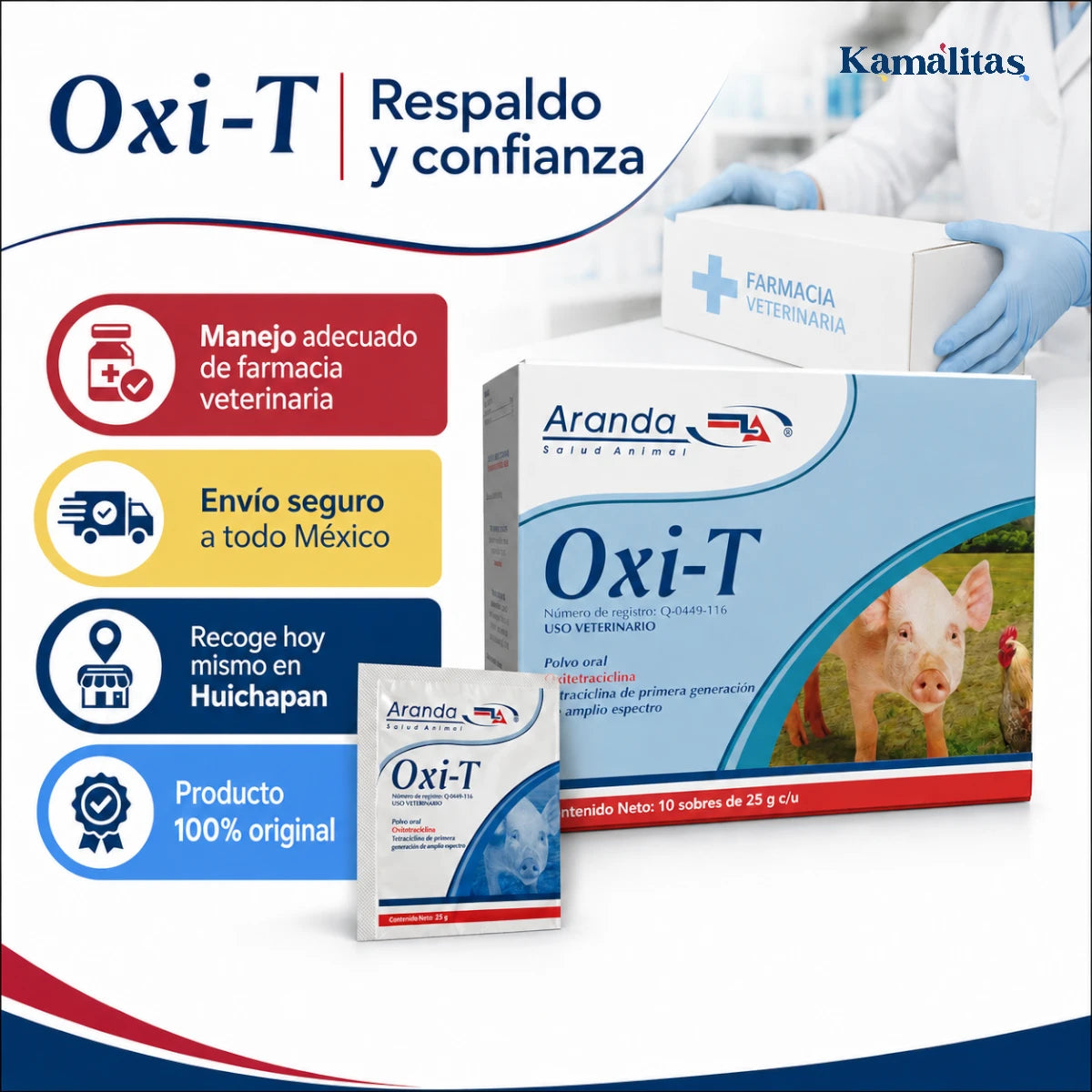 Imagen informativa de Oxi-T con respaldo de compra, producto original, envío seguro y opción de compra en tienda para salud animal.
