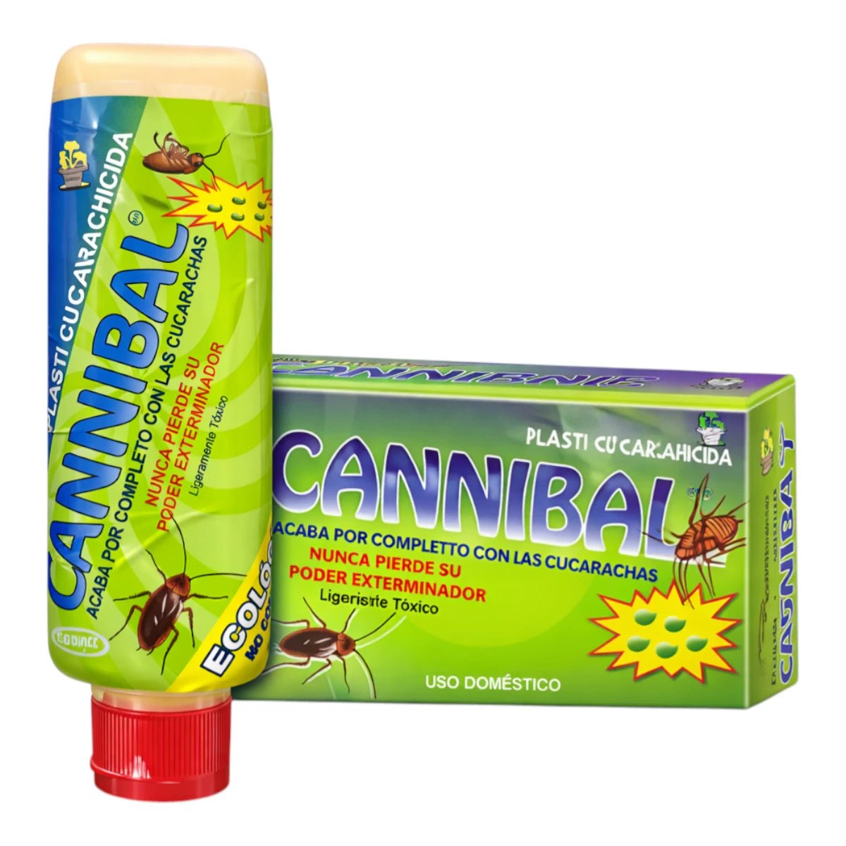 Envase y caja de pasta cucarachicida Cannibal de 120g para control de plagas doméstico con efecto cadena.