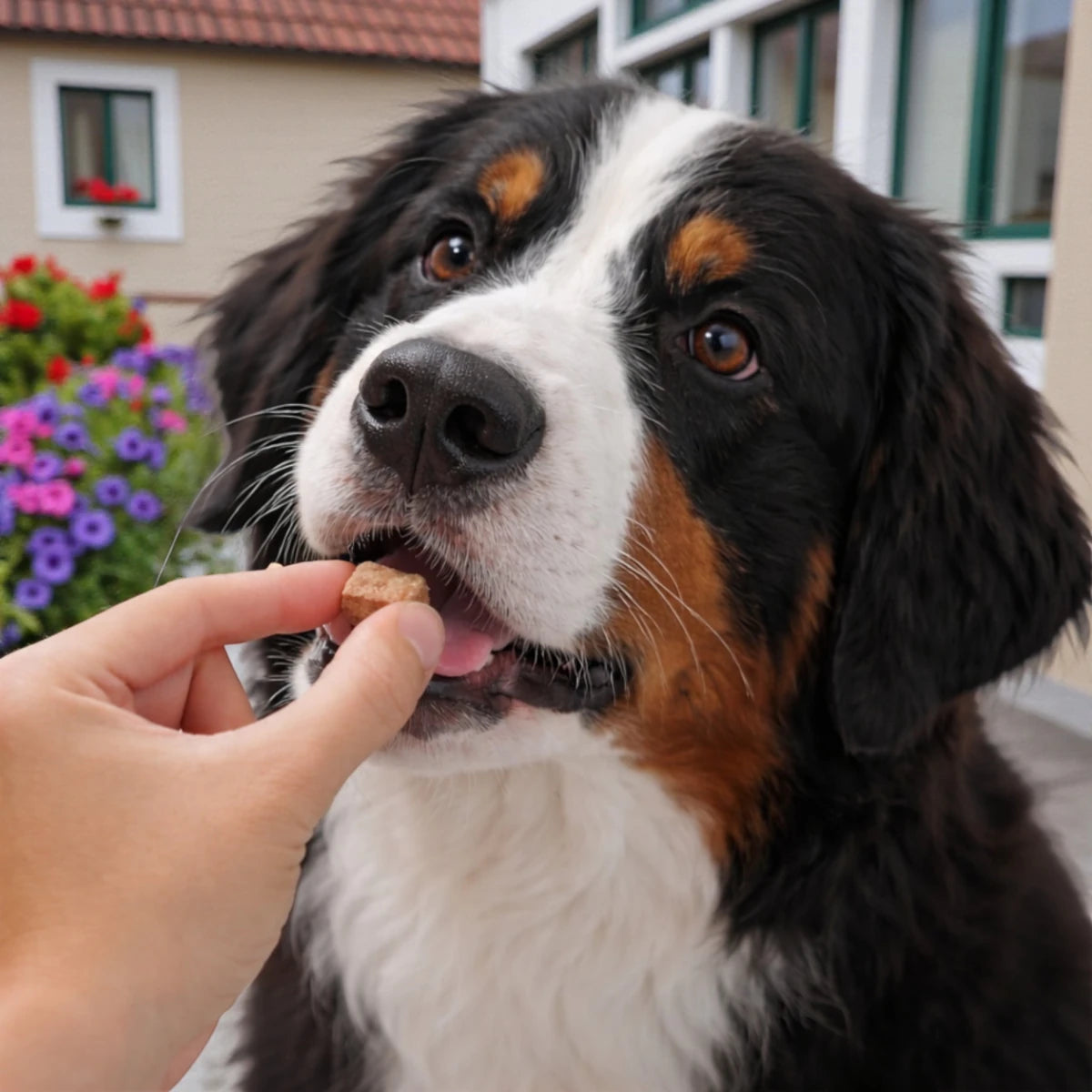 Perro recibiendo su tableta de simparica de la mano de su tutor, demostrando la facilidad de administración.