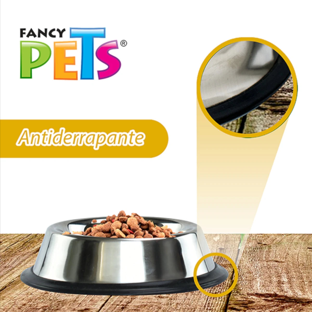 Plato de acero inoxidable para perro con base antiderrapante , mostrando un close up de la base