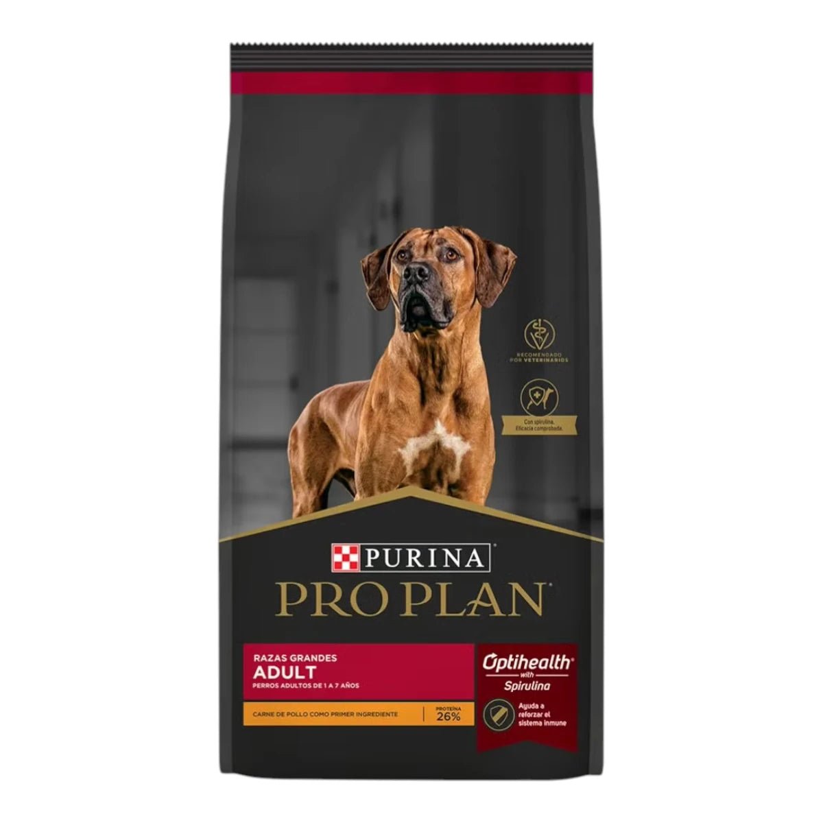 Vista frontal del empaque de alimento Pro Plan para perros adultos de raza grande sabor pollo con tecnología OptiHealth.
