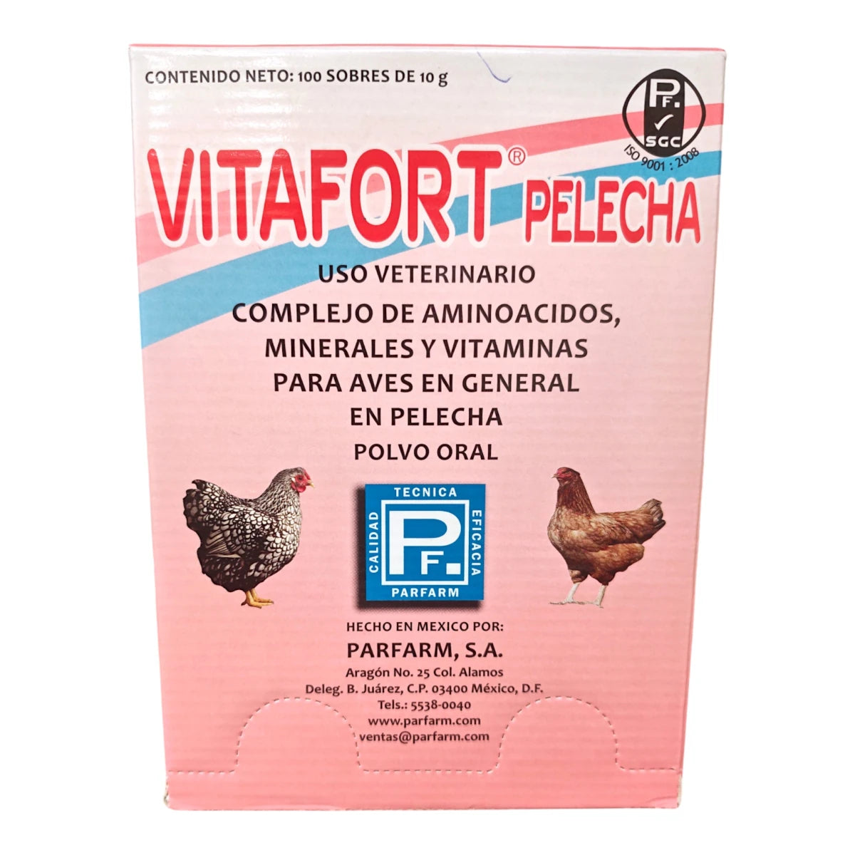 Caja de Vitafort para gallinas, suplemento para etapa de muda y emplume en sobres de 10 g.