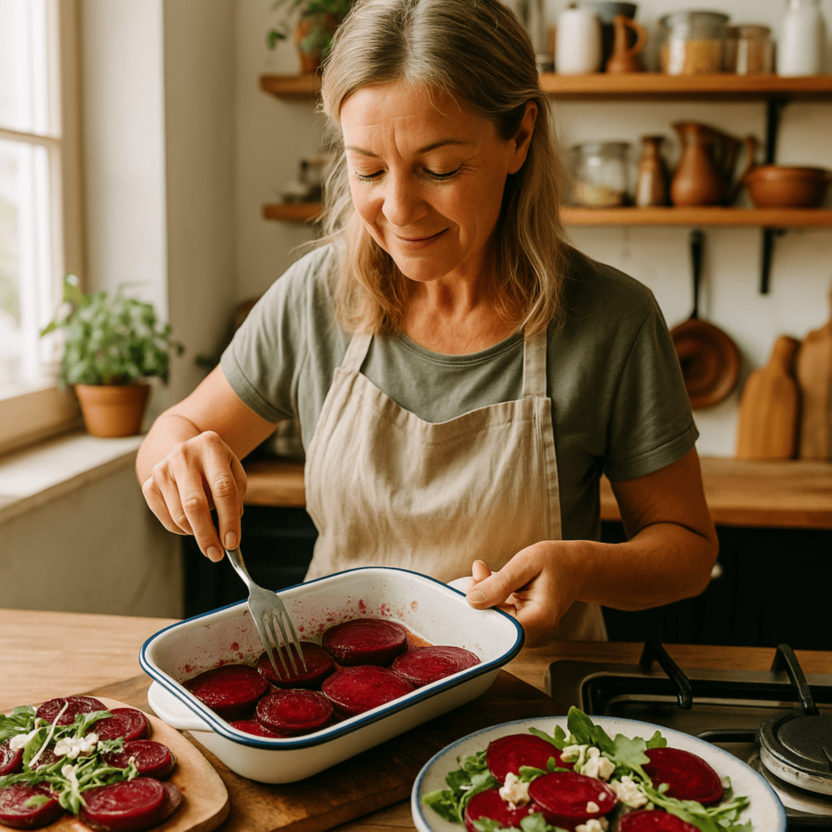 Mujer preparando una ensalada de betabel y horneando rodajas en una cocina casera, mostrando la versatilidad y beneficios del cultivo doméstico.