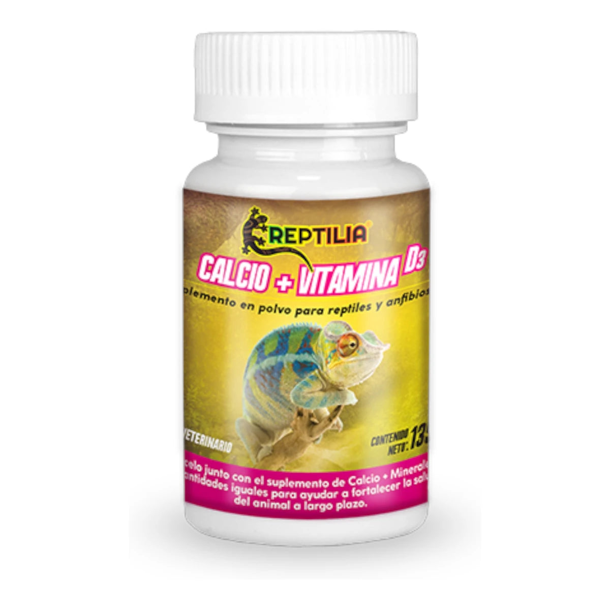 frasco del suplemento de calcio con vitamina d3 marca reptilia para reptiles y anfibios en fondo blanco