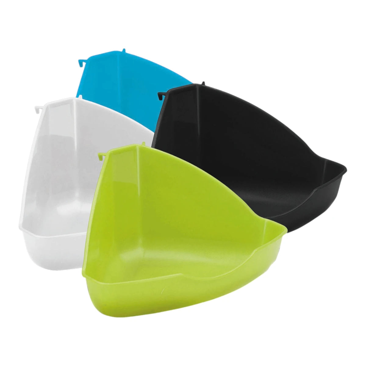 Baño esquinero de plástico colores variados para conejos y roedores con ganchos para fijar a la jaula y base antiderrapante.