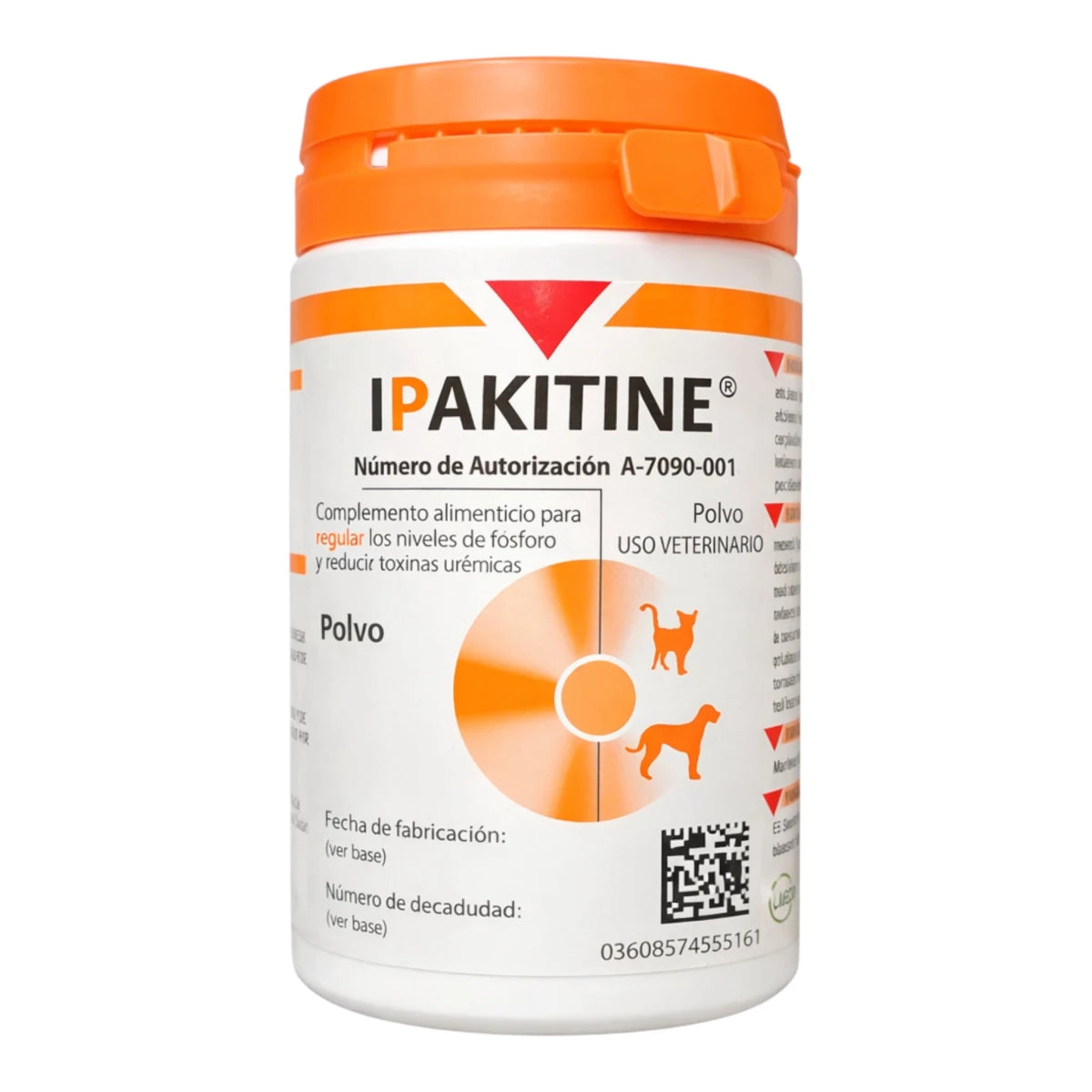 Bote de Ipaktine complemento alimenticio en polvo para el soporte de la función renal en perros y gatos con enfermedad crónica.