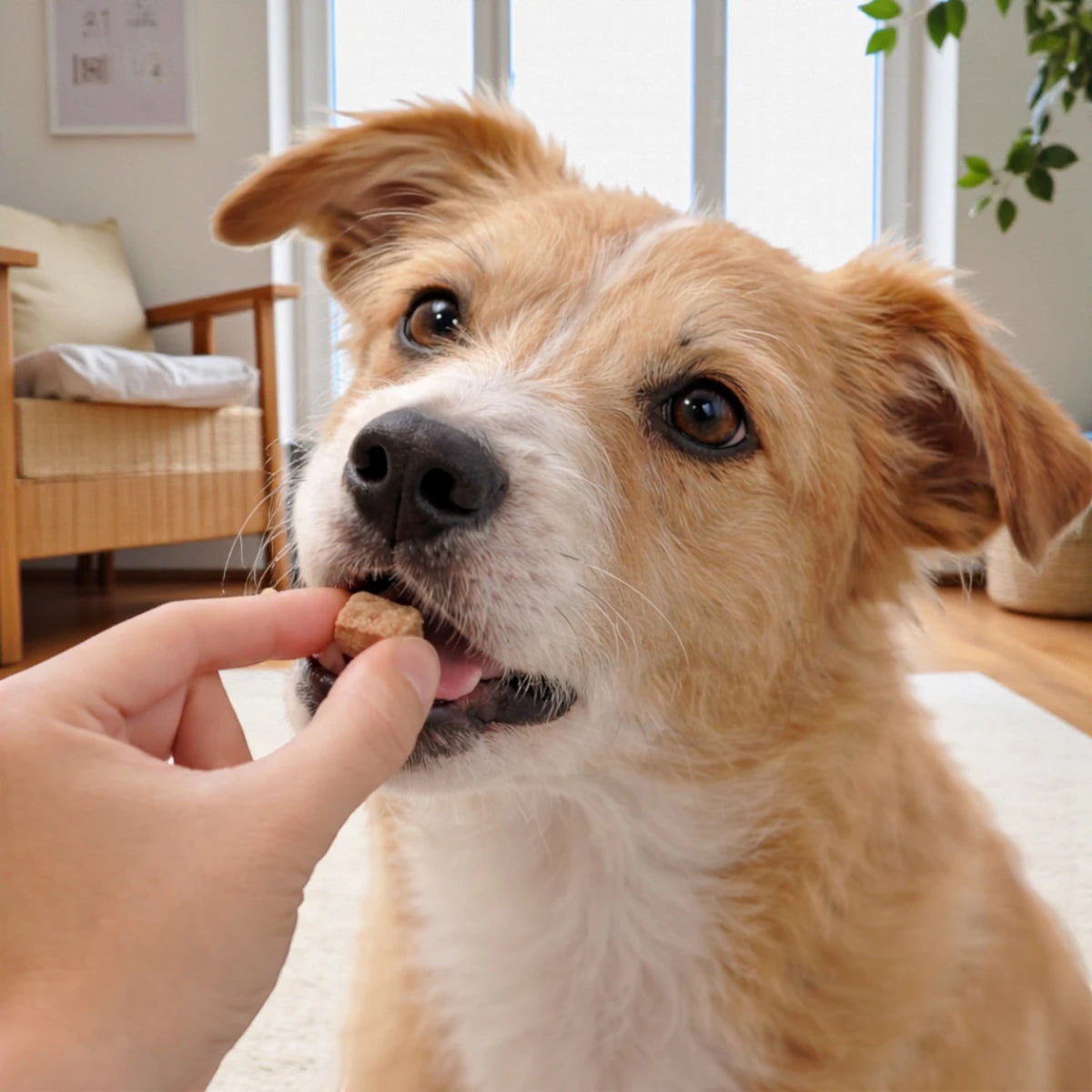 Perro mestizo aceptando voluntariamente la tableta masticable Bravecto 1M triple