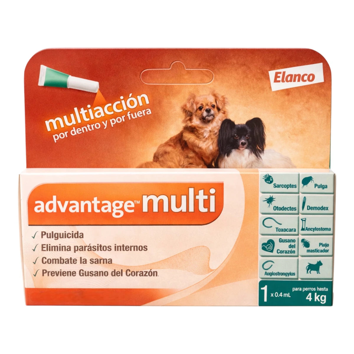 Caja de Advantage Multi para perros de hasta 4 kg, tratamiento spot-on contra parásitos internos y externos. Imagen mejorada con IA.