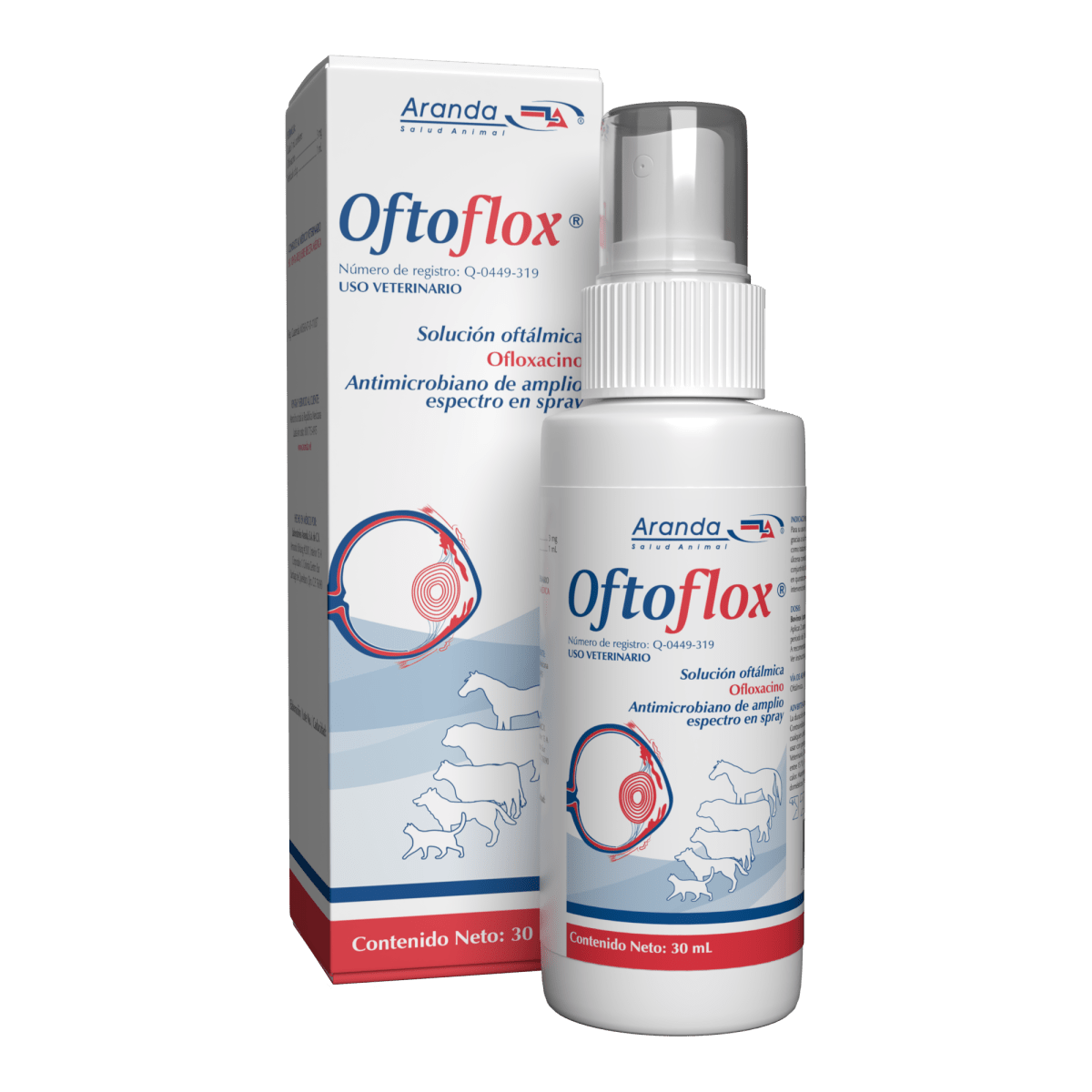 Frasco de Oftoflox 30 ml para tratamiento de infecciones oculares en animales