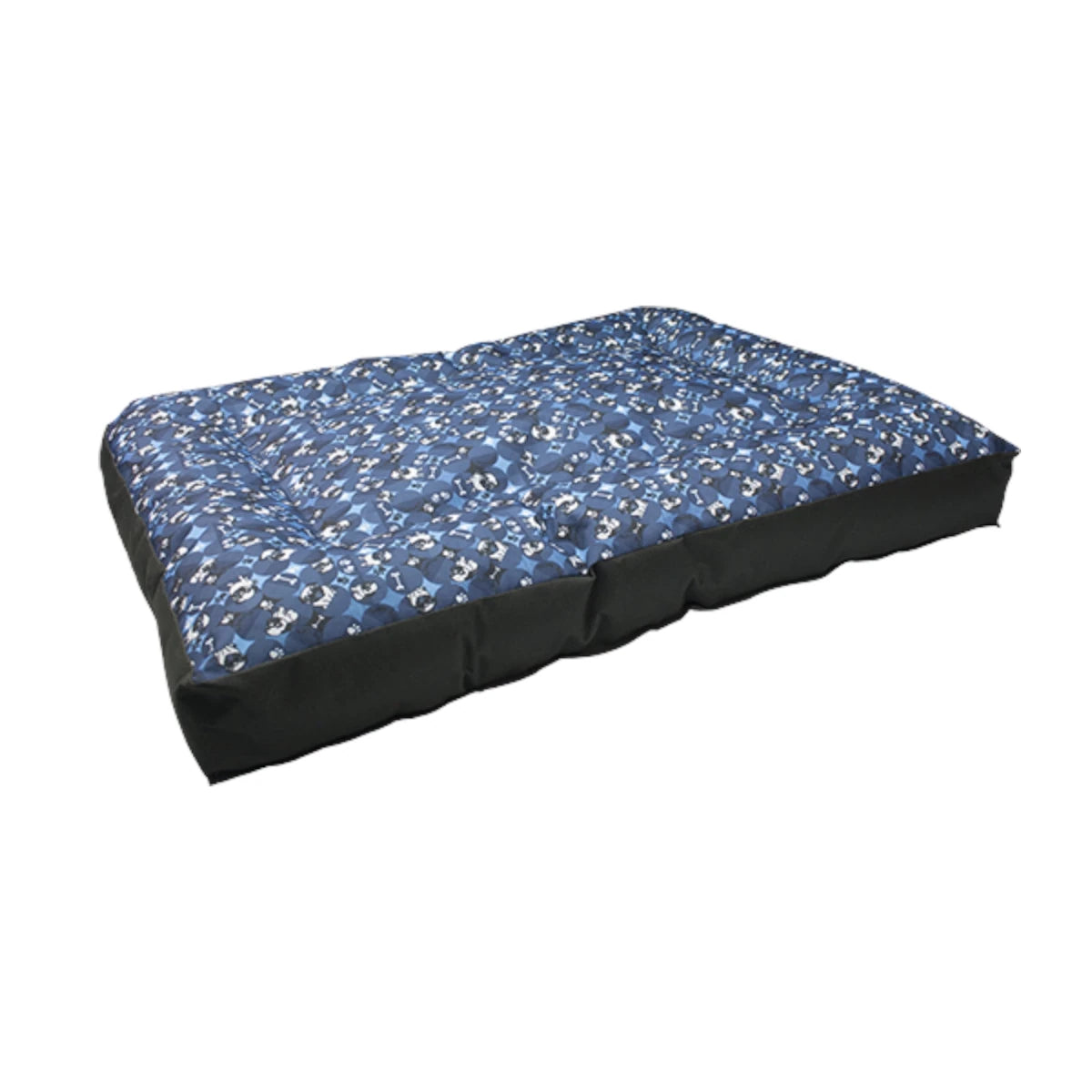 Colchoneta ortopédica Buggie de Fancy Pets con divertido estampado azul de caritas de perros, diseñada para ofrecer soporte articular y confort.