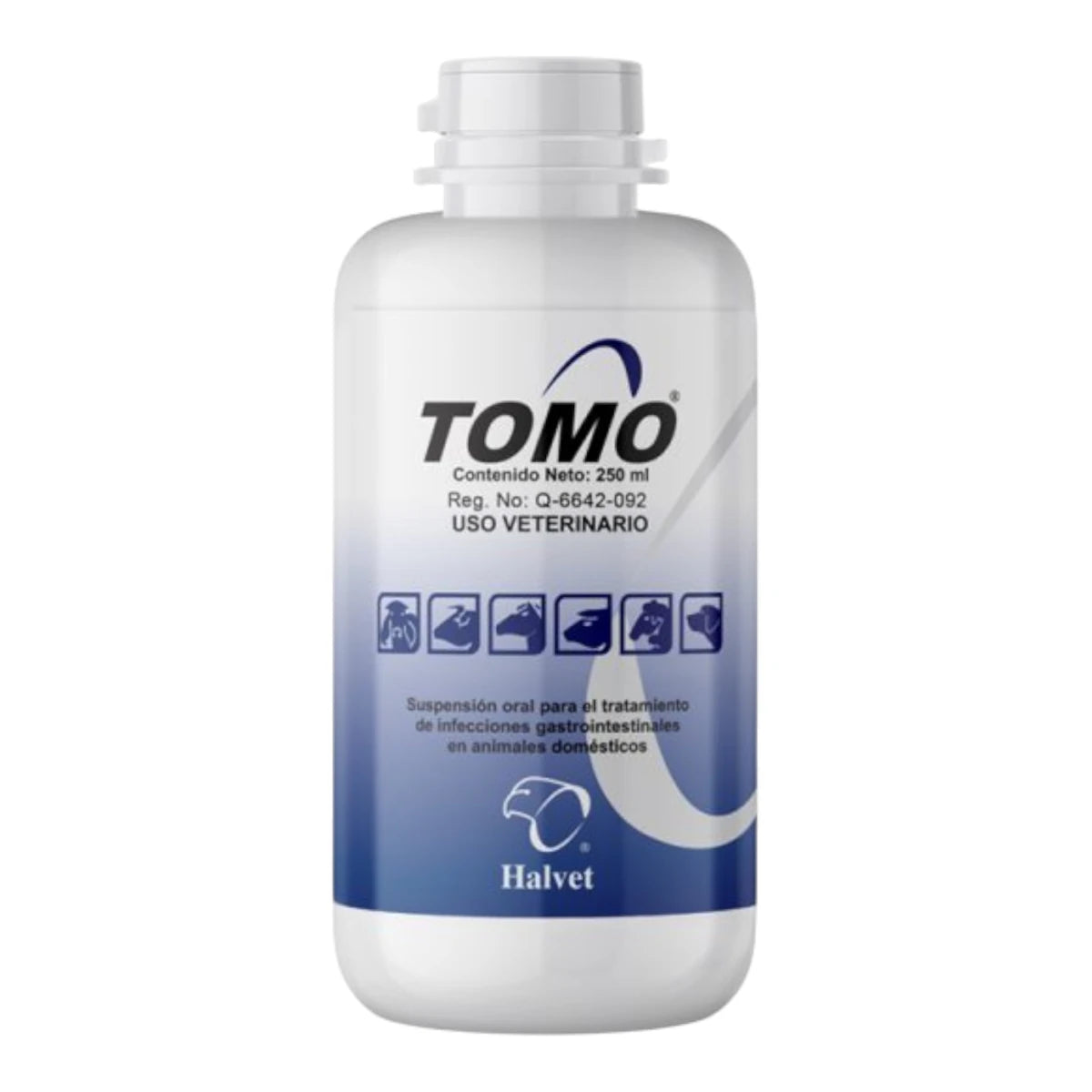 Frasco de 250 ml de Tomo suspensión, solución de amplio espectro con gentamicina y carbón vegetal para becerros y potrillos.